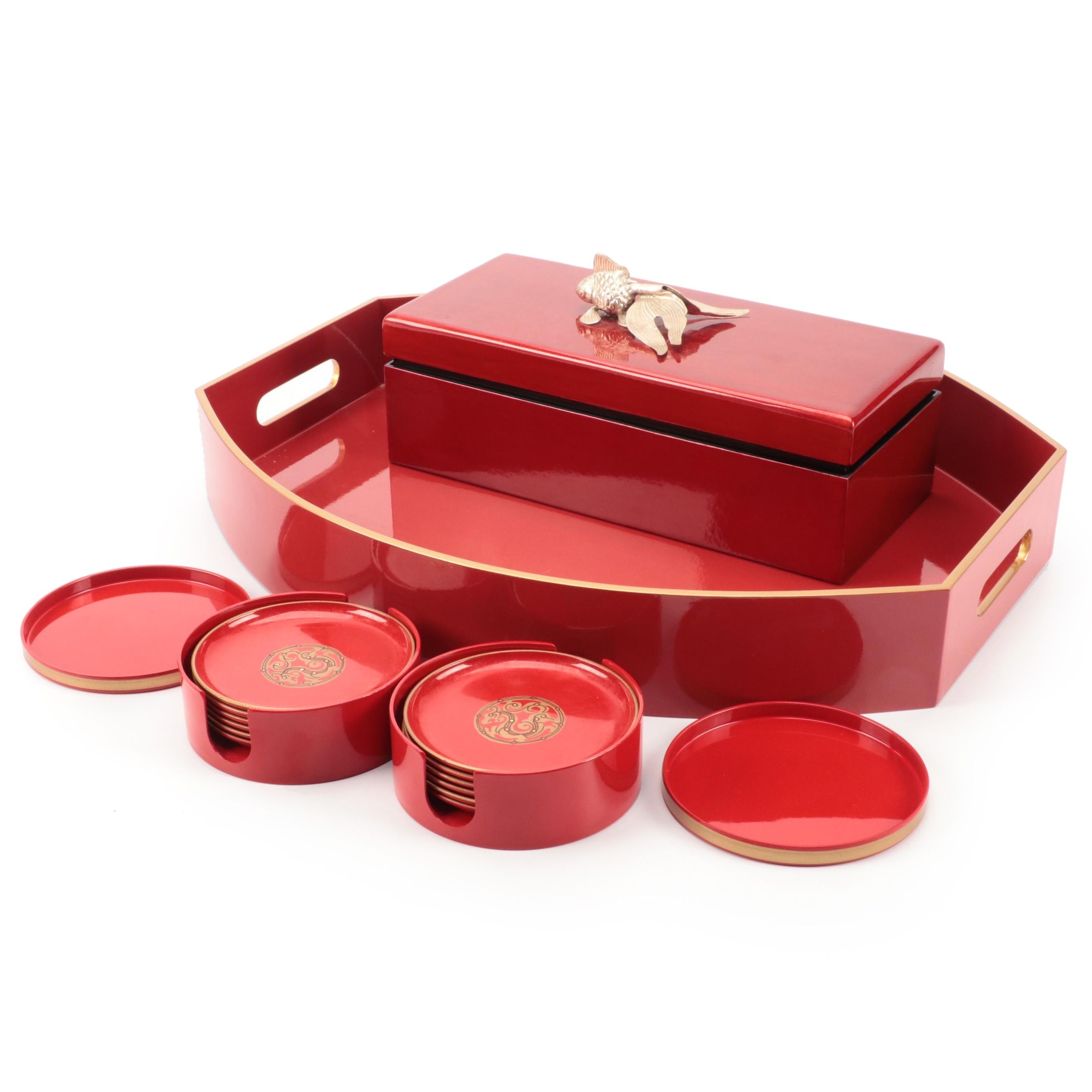East Asian Red Lacquerware Tray, Box and Coaster
