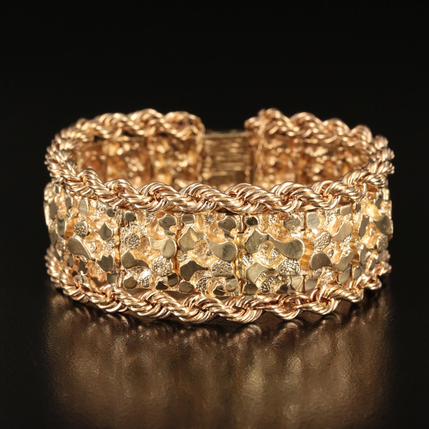 14K Nugget Panel Bracelet with Braided Rope