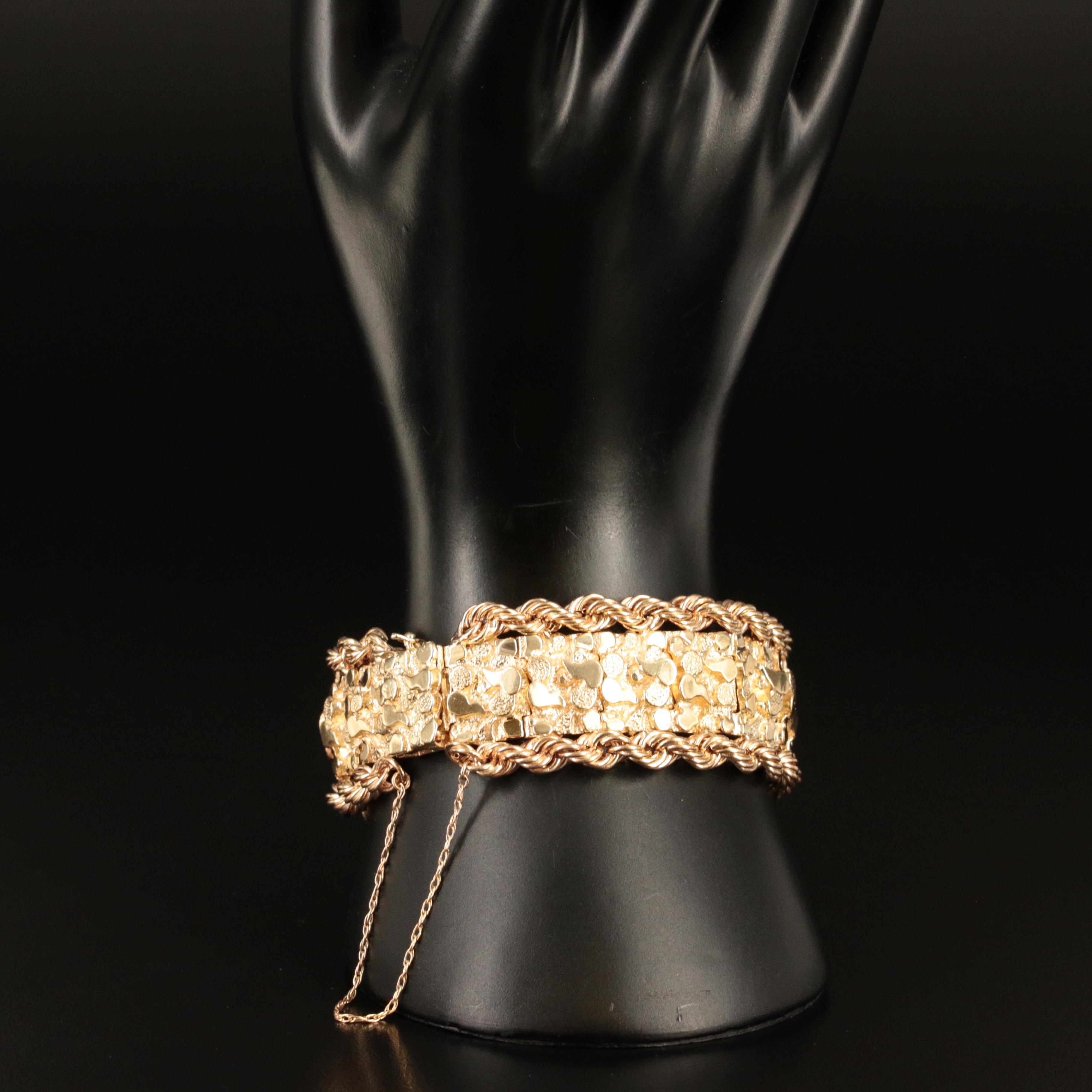 14K Nugget Panel Bracelet with Braided Rope
