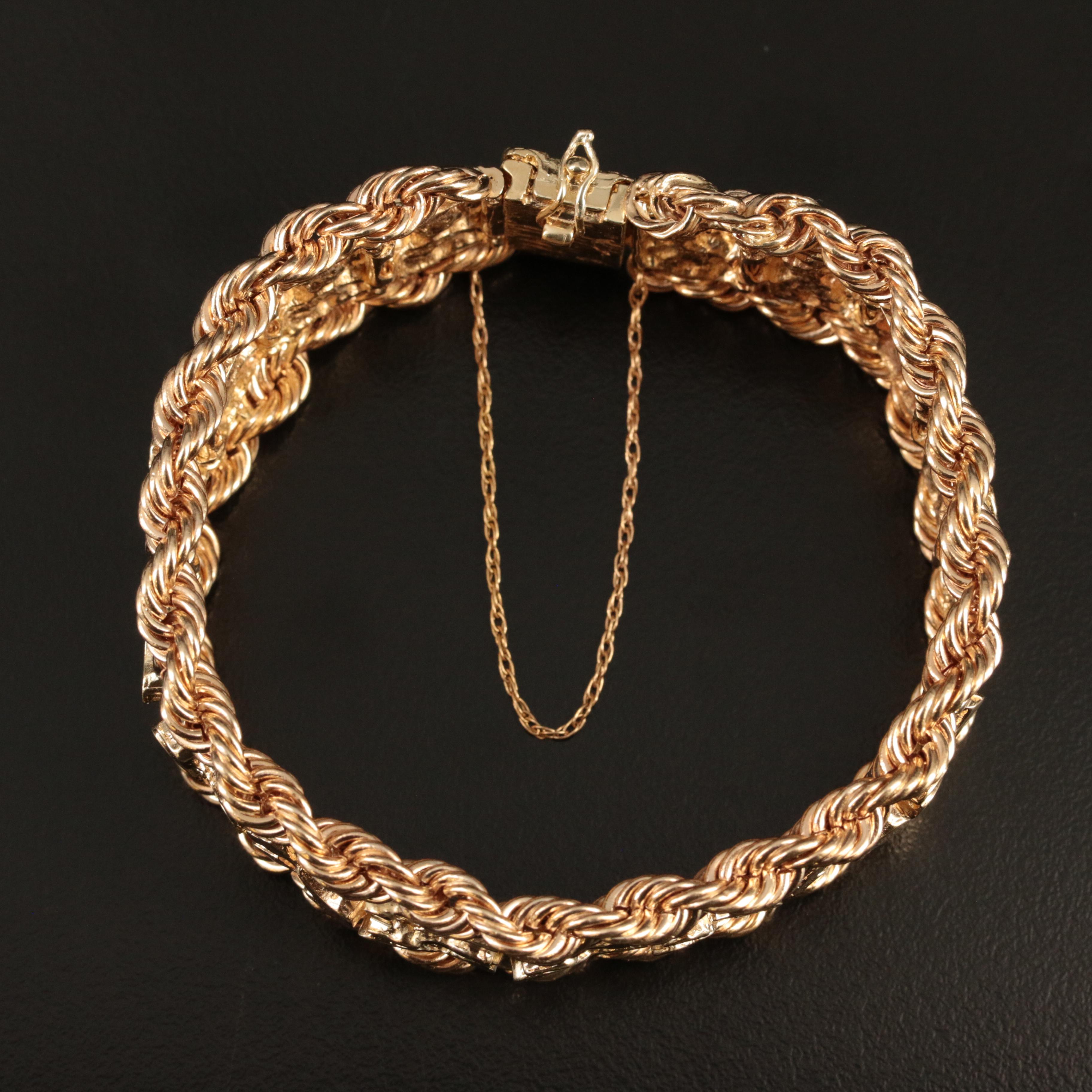 14K Nugget Panel Bracelet with Braided Rope