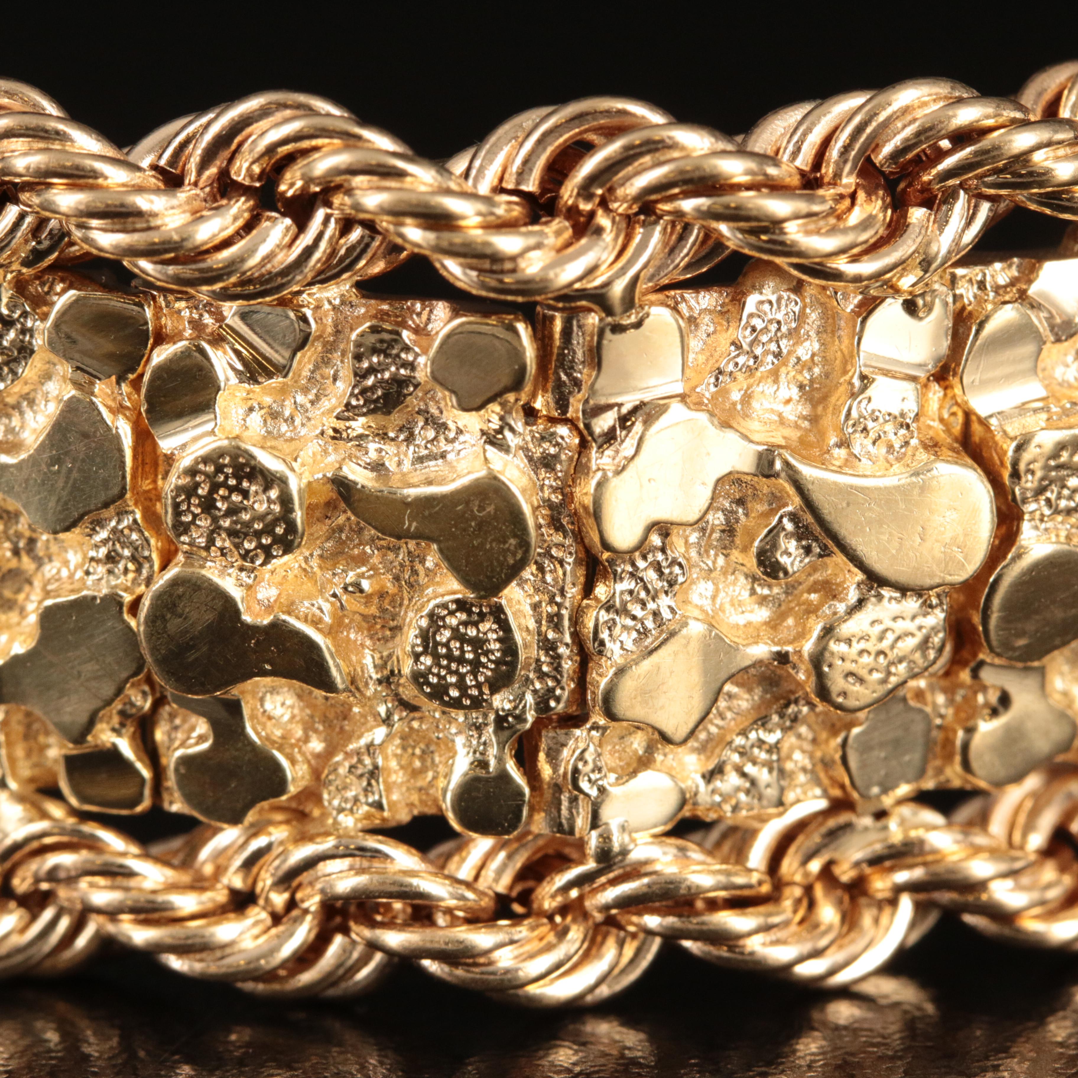 14K Nugget Panel Bracelet with Braided Rope