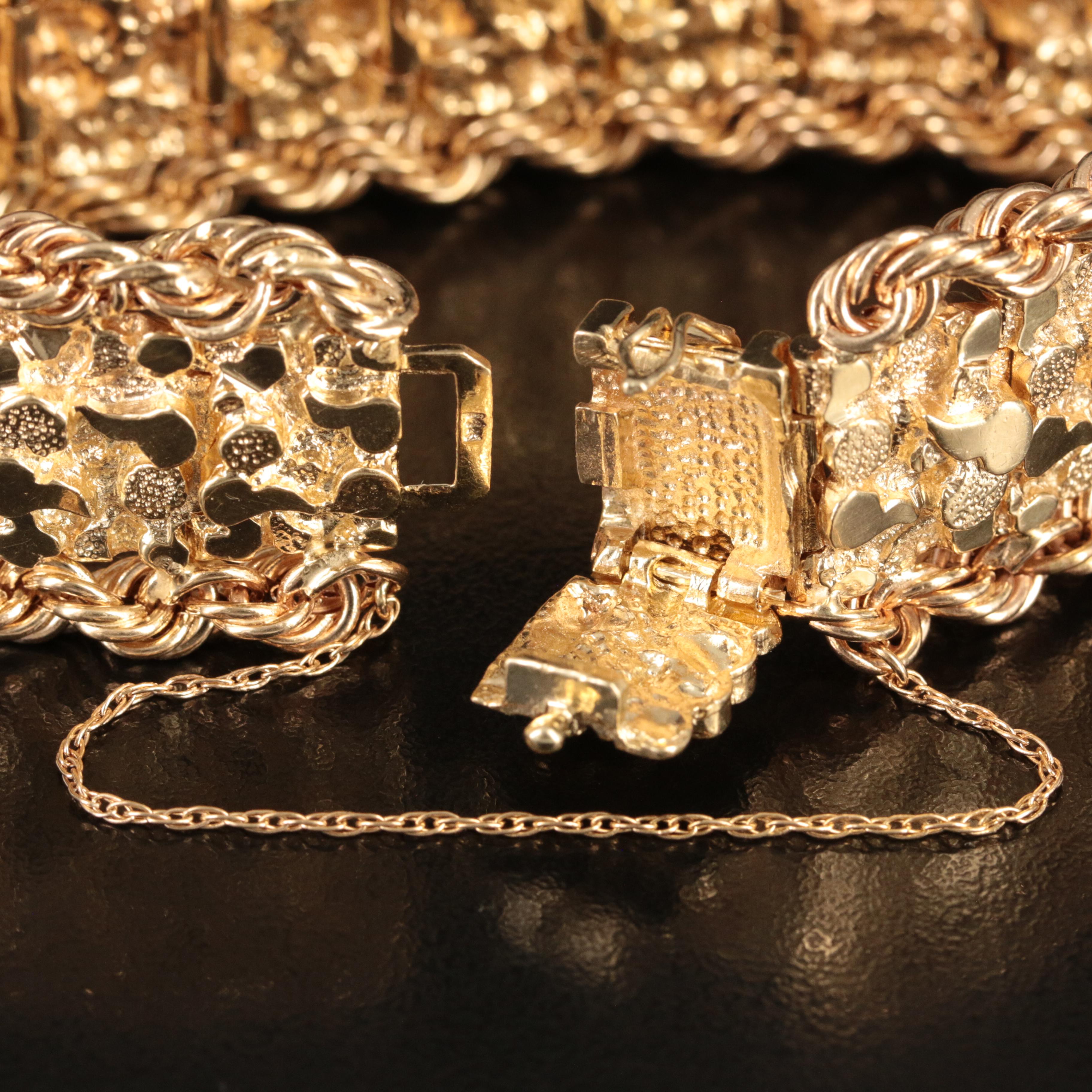 14K Nugget Panel Bracelet with Braided Rope
