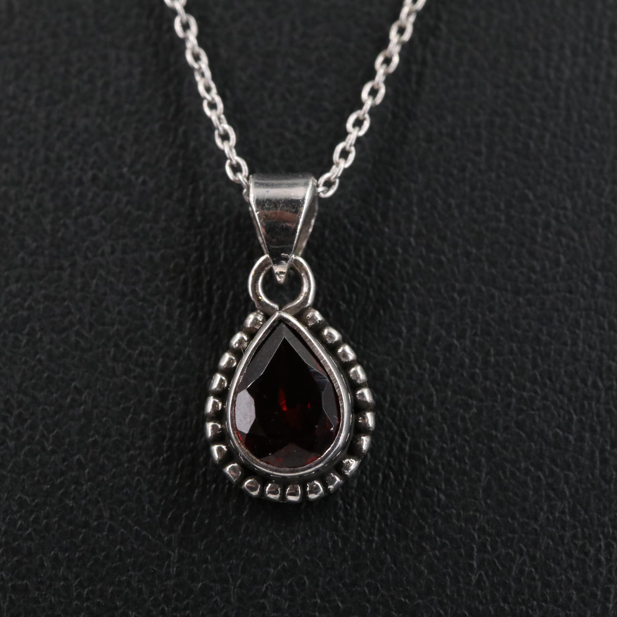 Sterling Garnet Teardrop Pendant Necklace
