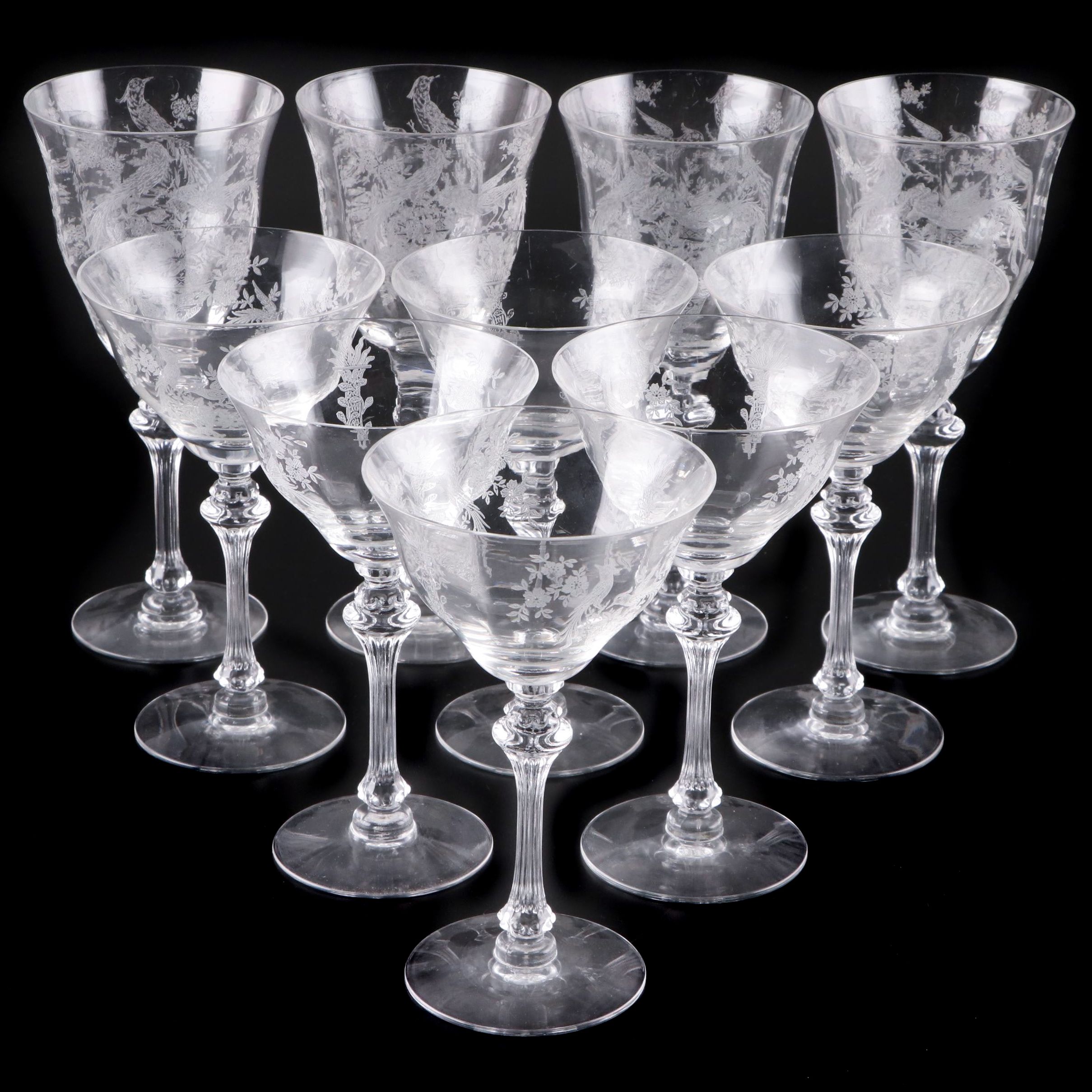 Tiffin-Franciscan "Persian Pheasant" Etched Optic Glass Stemware, 1945-1966