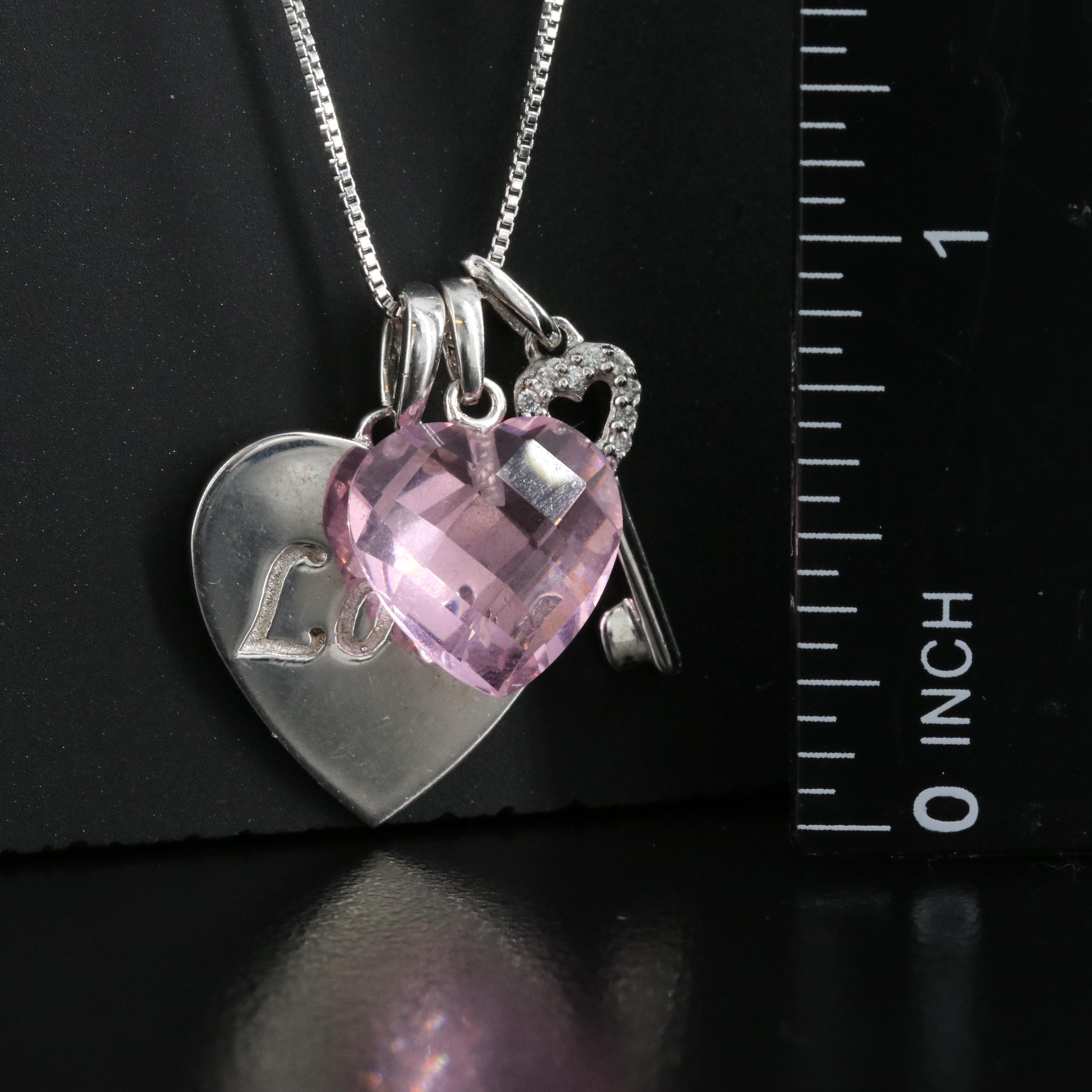 Sterling Glass Crystal and Sapphire Key and Love Heart Pendant Necklace