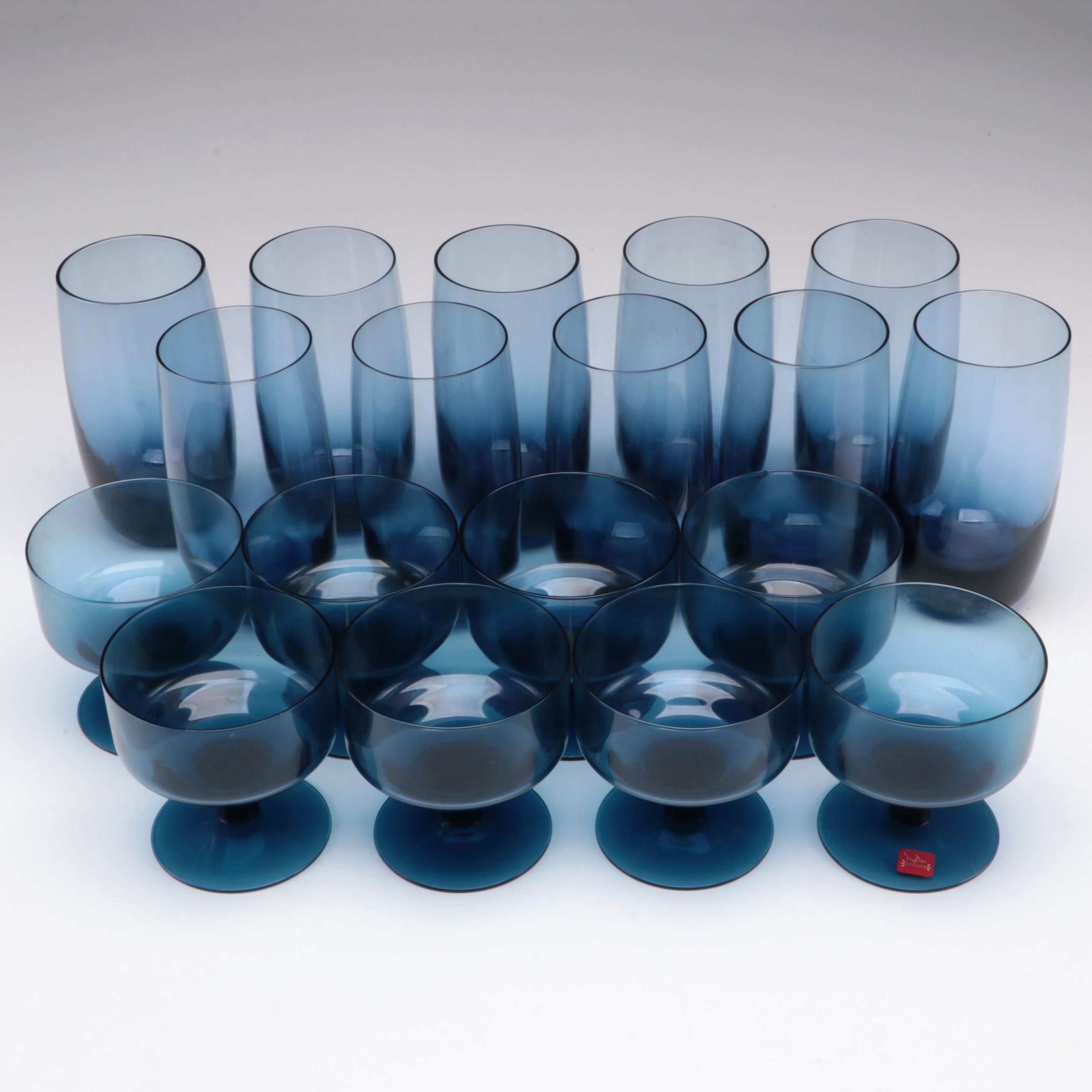 Milnor Scandinavian Blue Glass Coupes and Other Tumblers, Mid to Late 20th C.