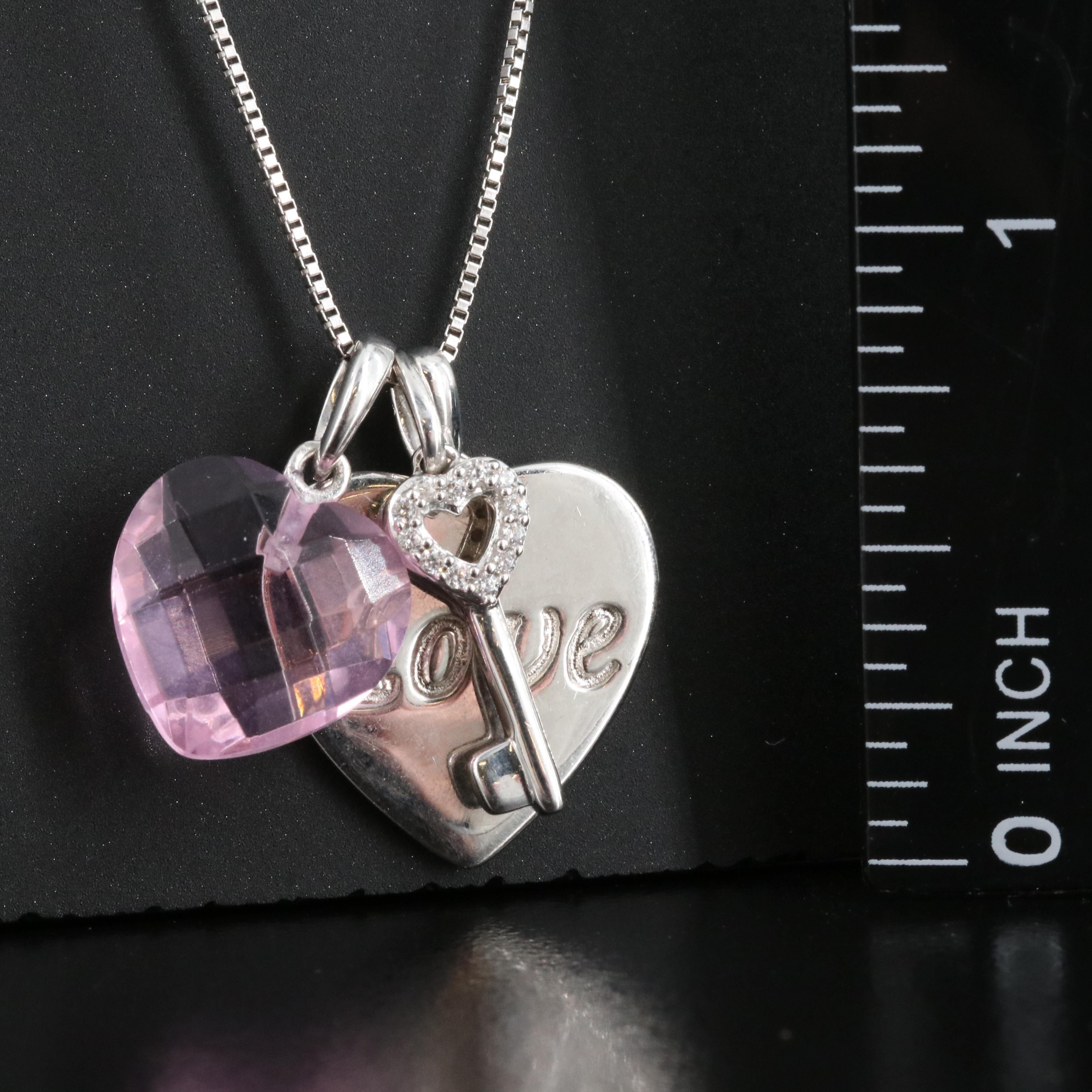 Sterling Glass Crystal and Sapphire Key and Love Heart Pendant Necklace