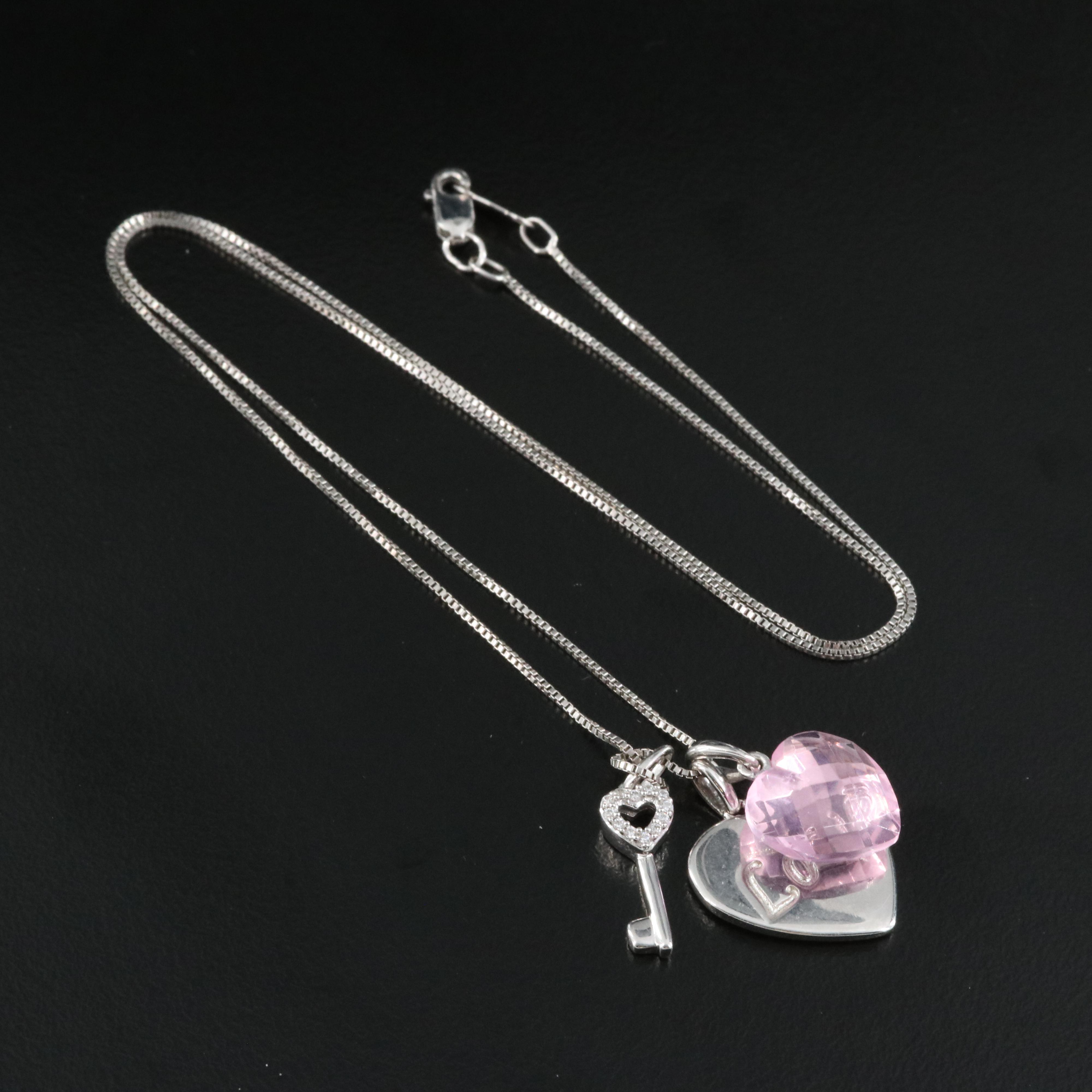 Sterling Glass Crystal and Sapphire Key and Love Heart Pendant Necklace