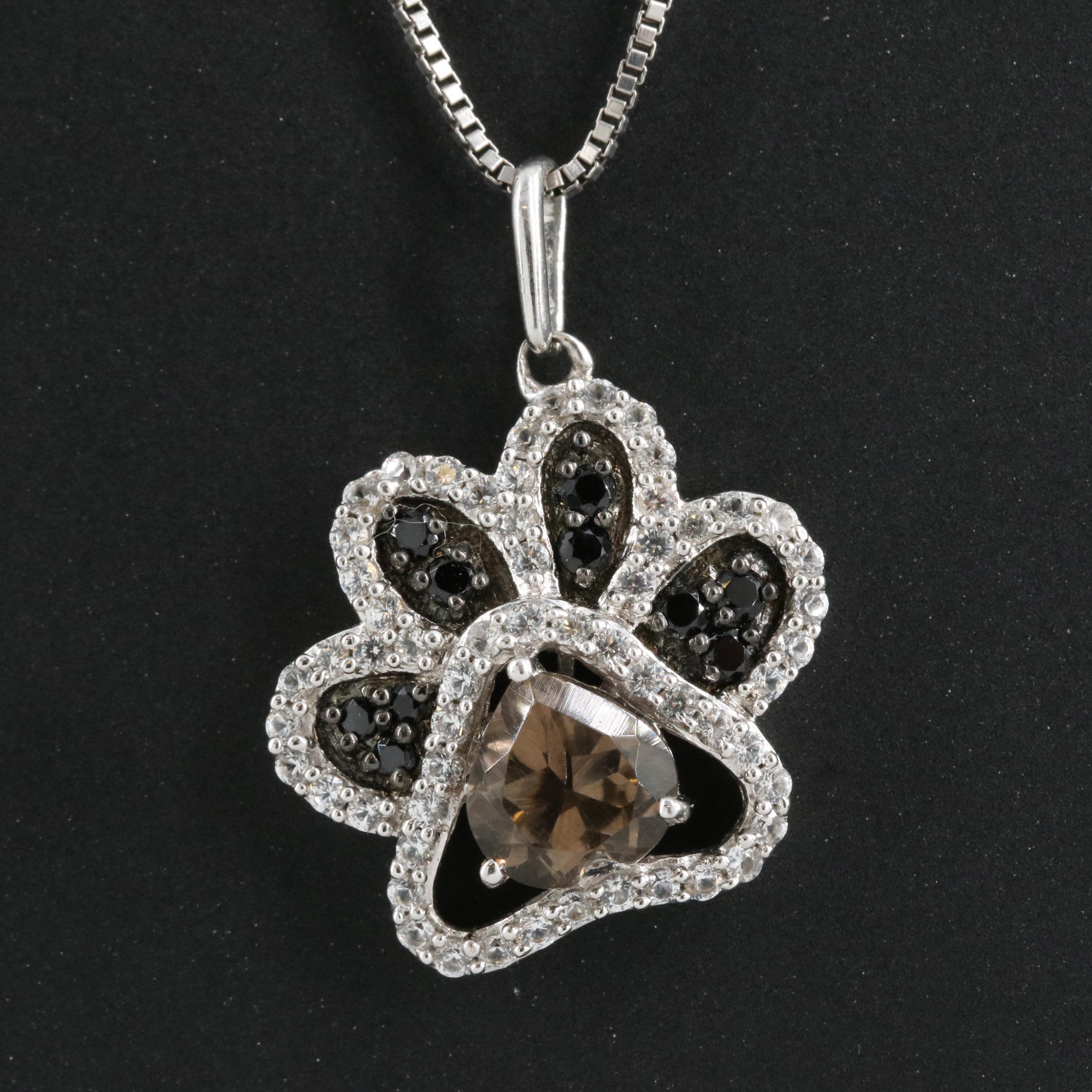Sterling Smoky Quartz, Spinel and Sapphire Paw Print Pendant Necklace