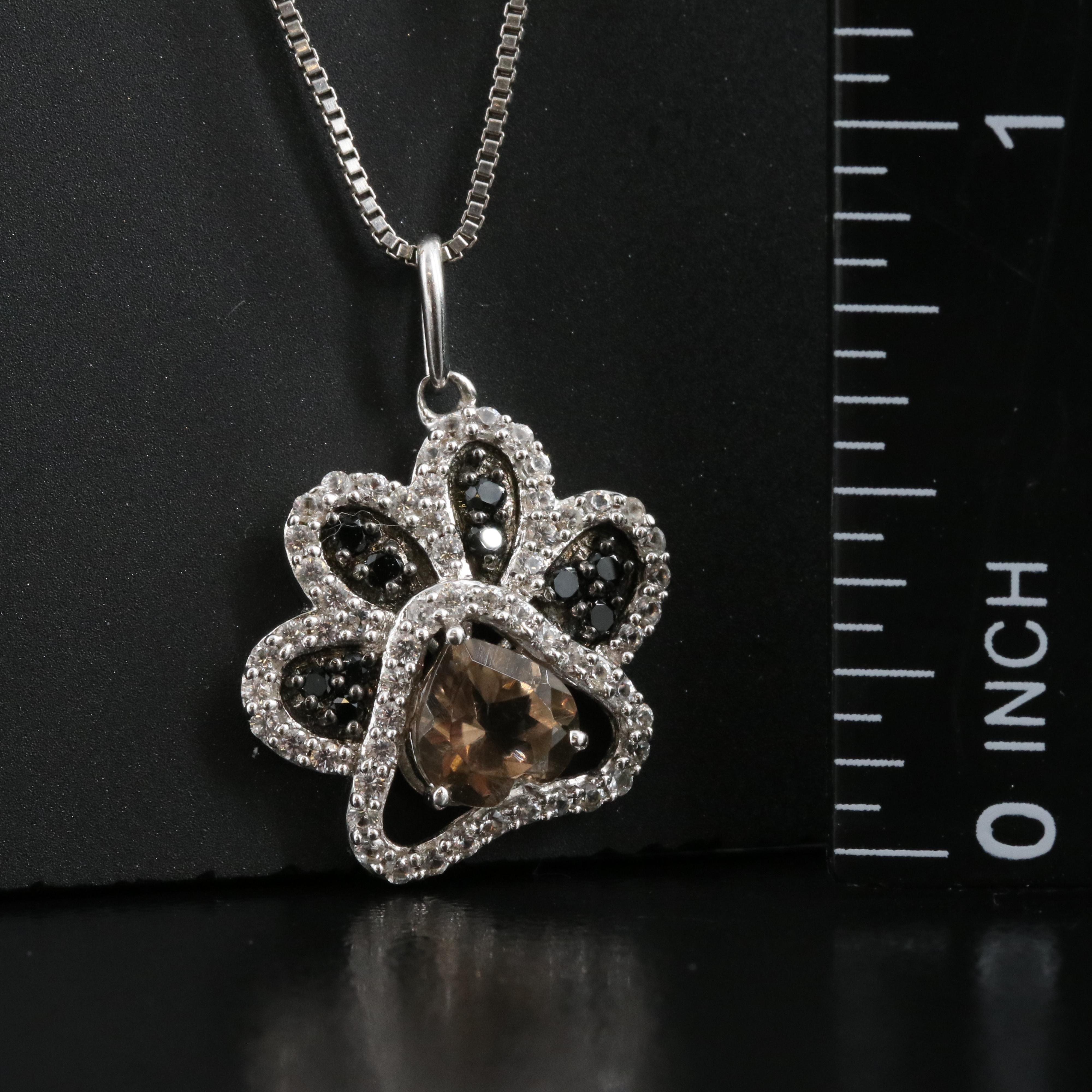 Sterling Smoky Quartz, Spinel and Sapphire Paw Print Pendant Necklace