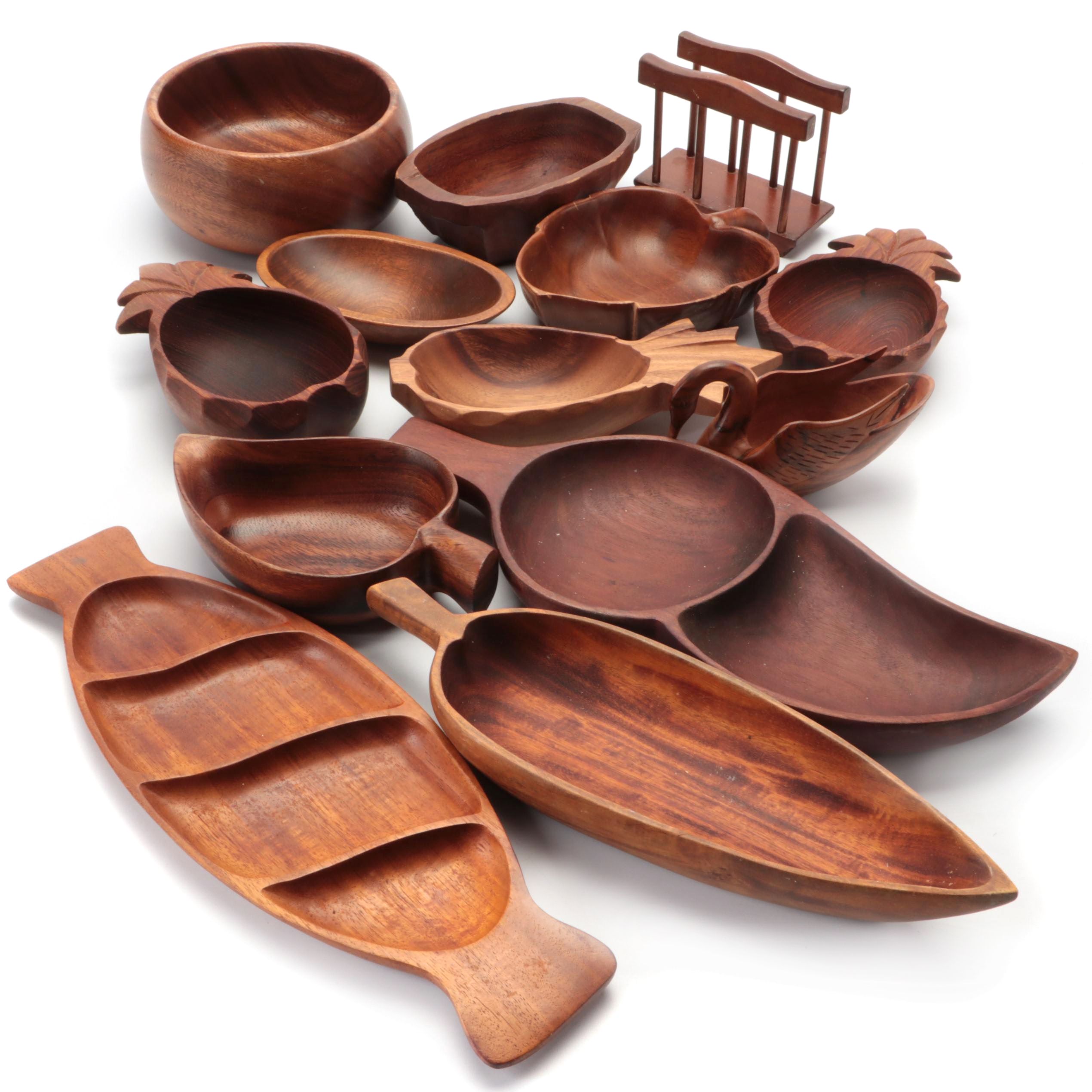 Hawaiian Carved Monkey Pod and Other Wood Serveware