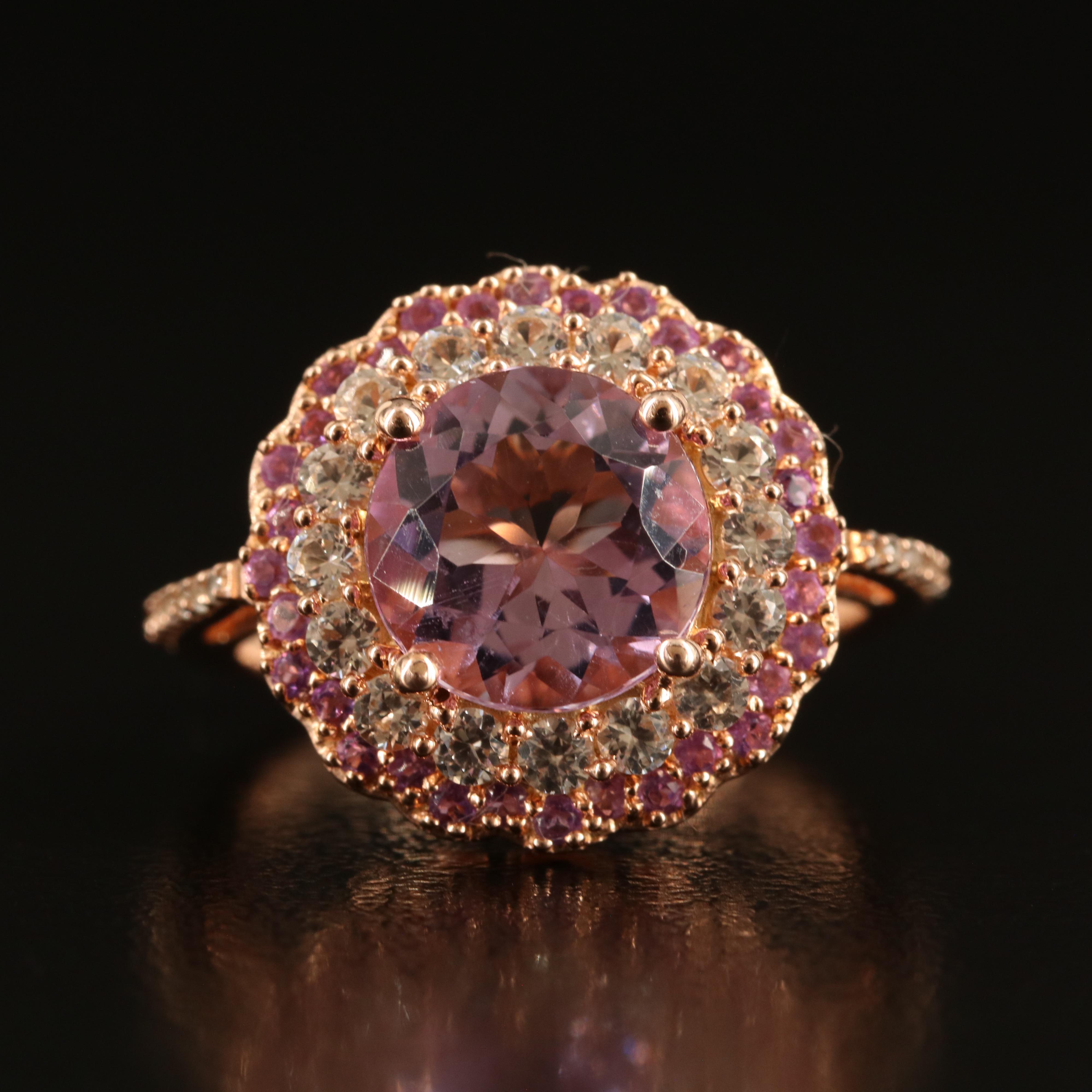 Rose-Tone Sterling Amethyst Ring with White Sapphire and Amethyst Halos