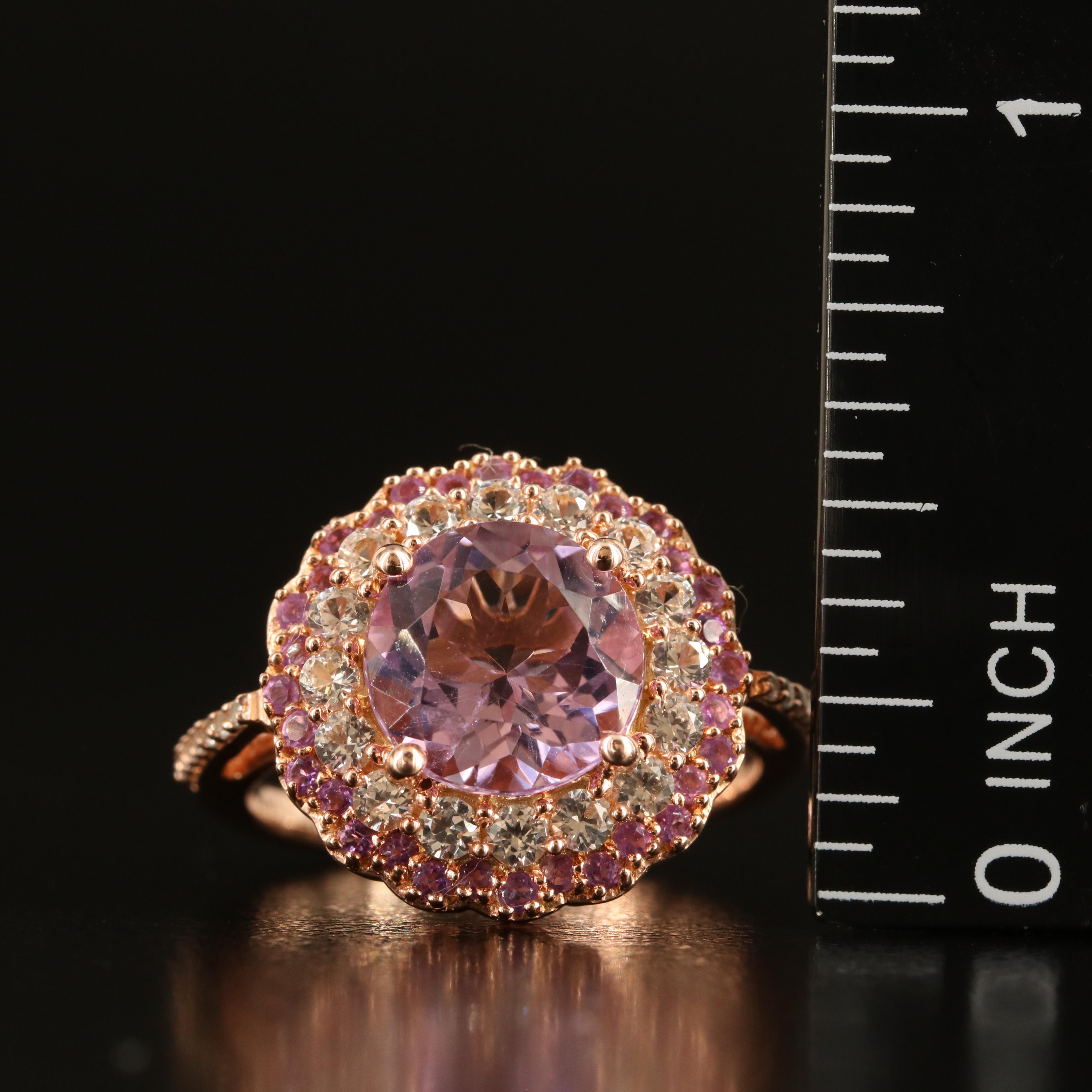 Rose-Tone Sterling Amethyst Ring with White Sapphire and Amethyst Halos