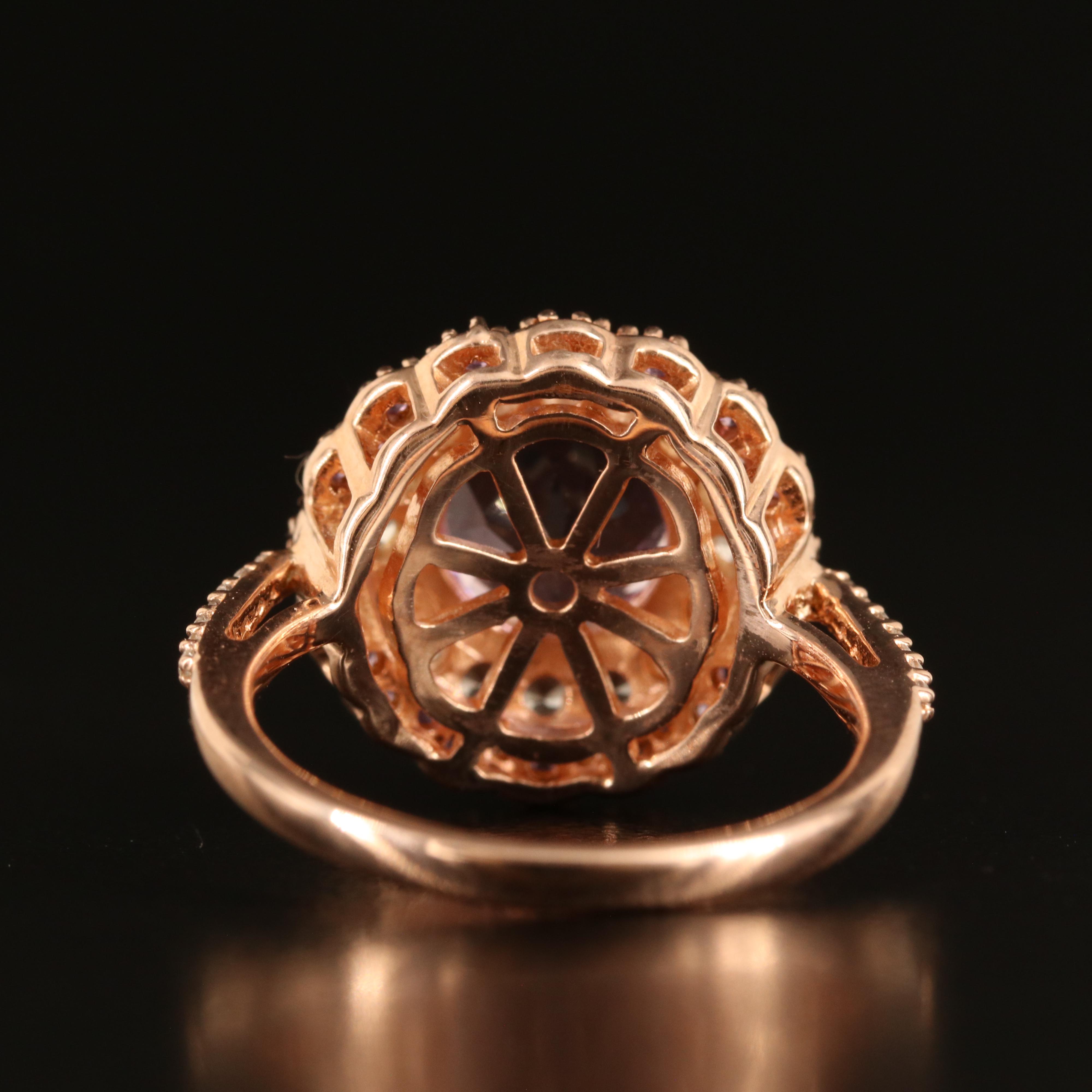 Rose-Tone Sterling Amethyst Ring with White Sapphire and Amethyst Halos