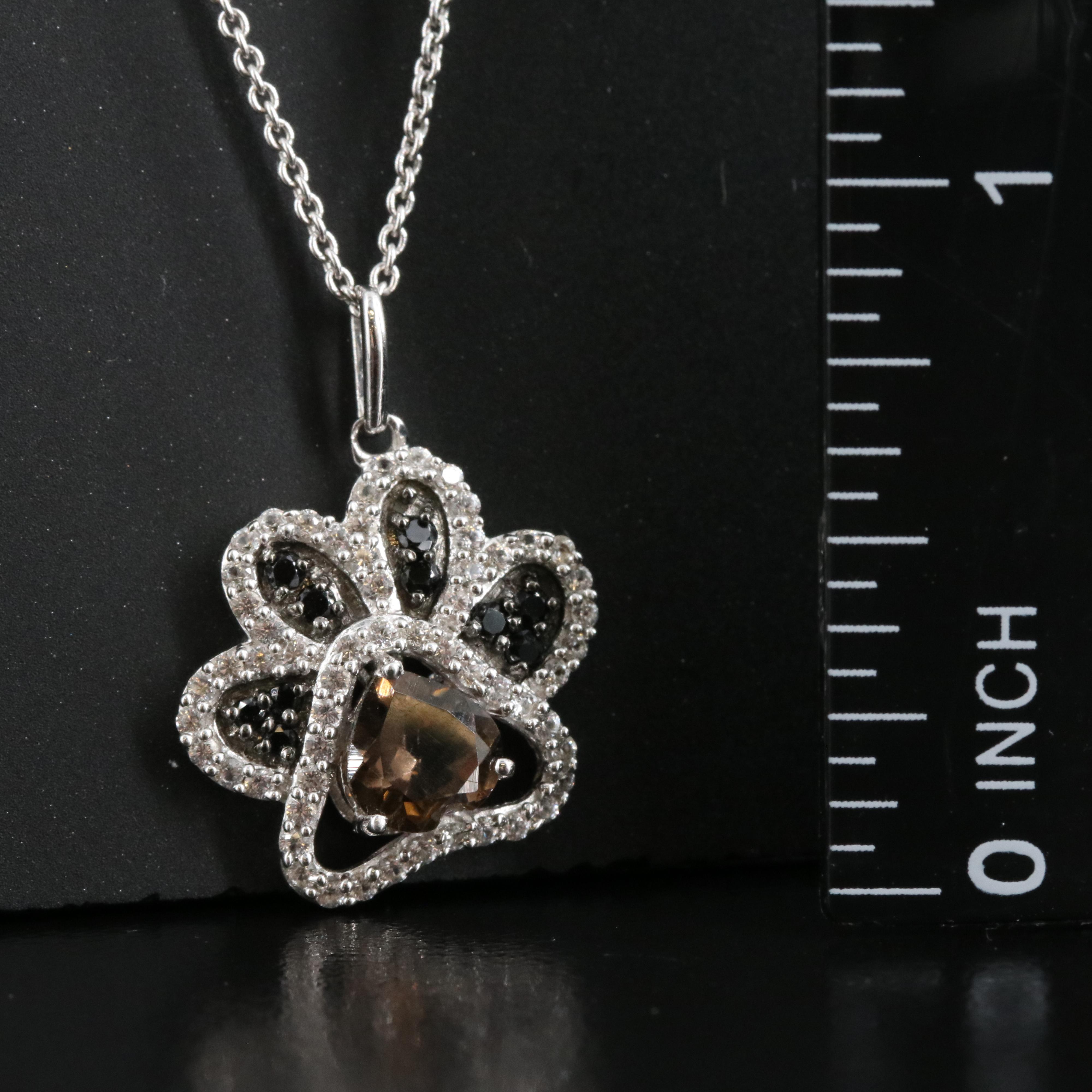 Sterling Smoky Quartz, Spinel and Sapphire Paw Print Pendant Necklace