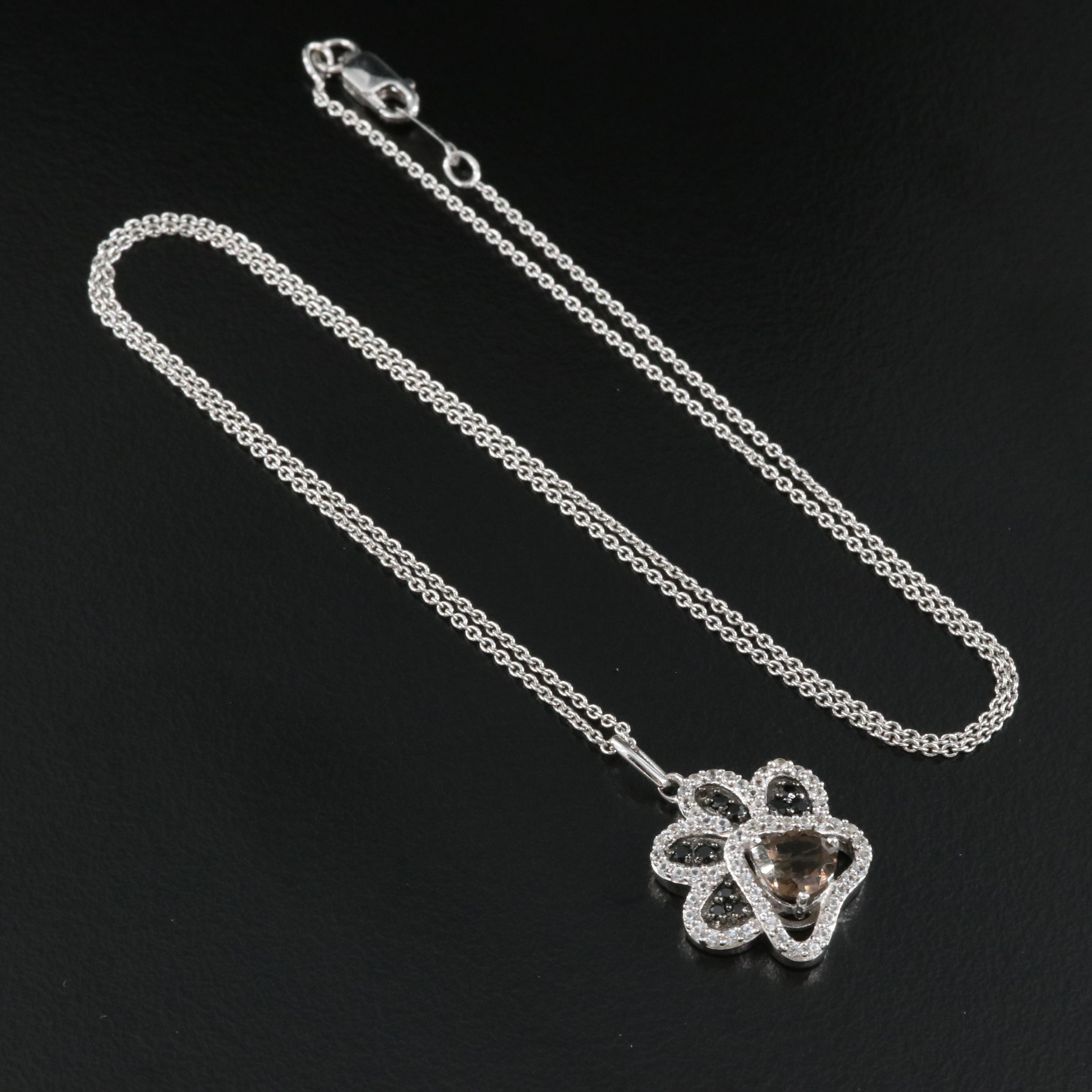 Sterling Smoky Quartz, Spinel and Sapphire Paw Print Pendant Necklace