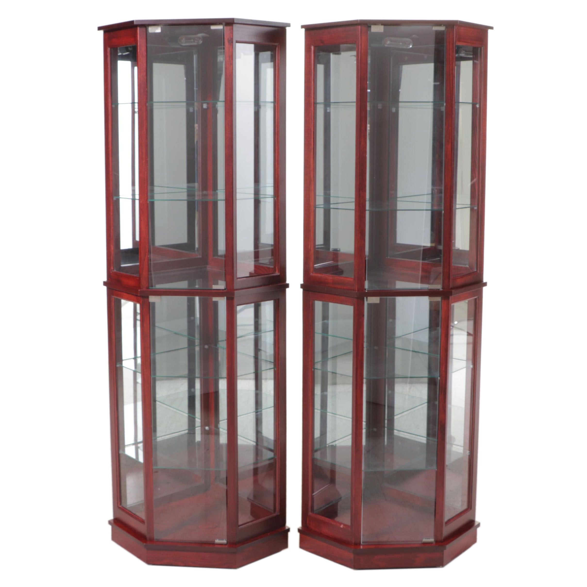 Pair of Mahogany Finish and Glass Illuminated Corner Display Cabinets