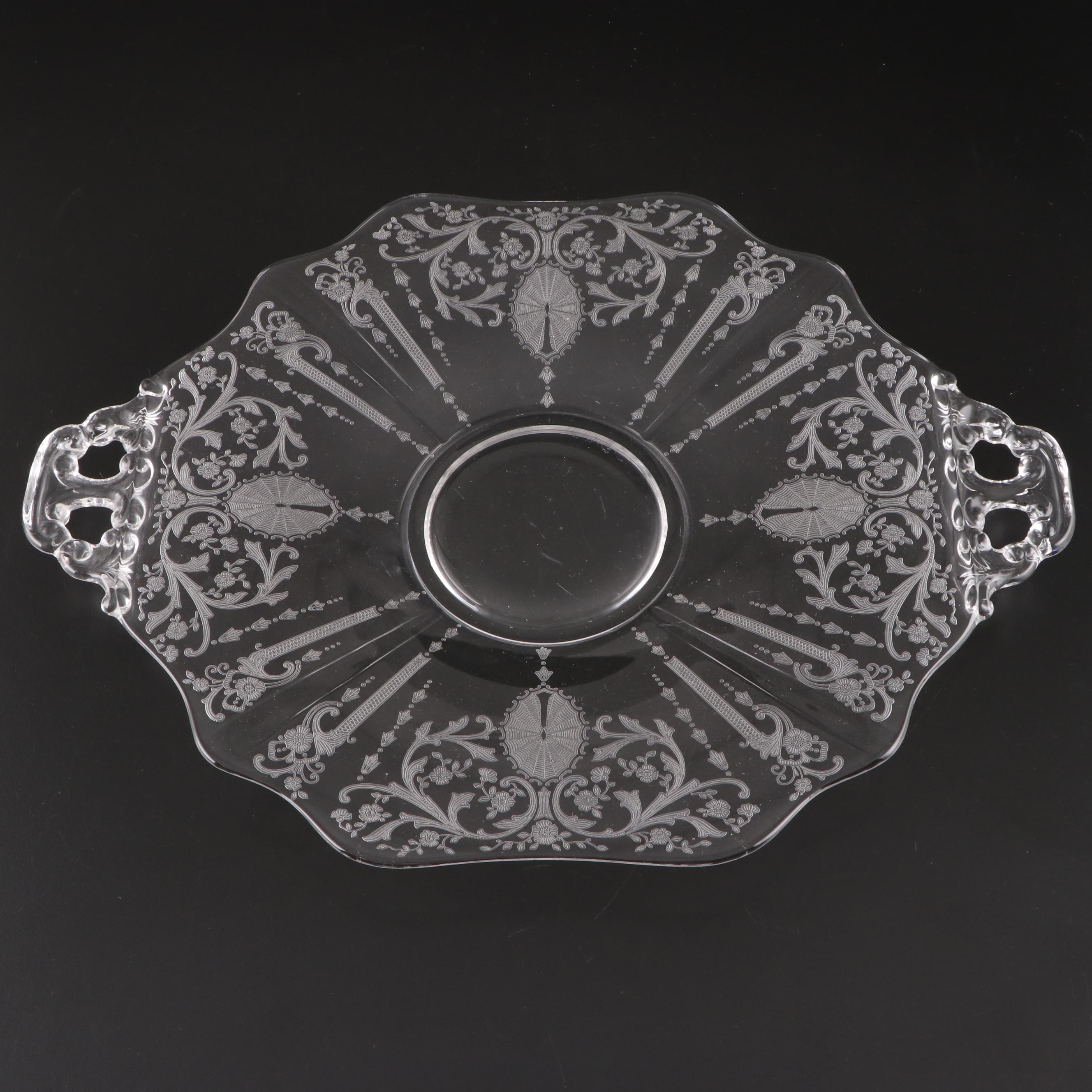 Cambridge Glass "Candlelight" Handled Plate and Bowl with Other Etched Bowl