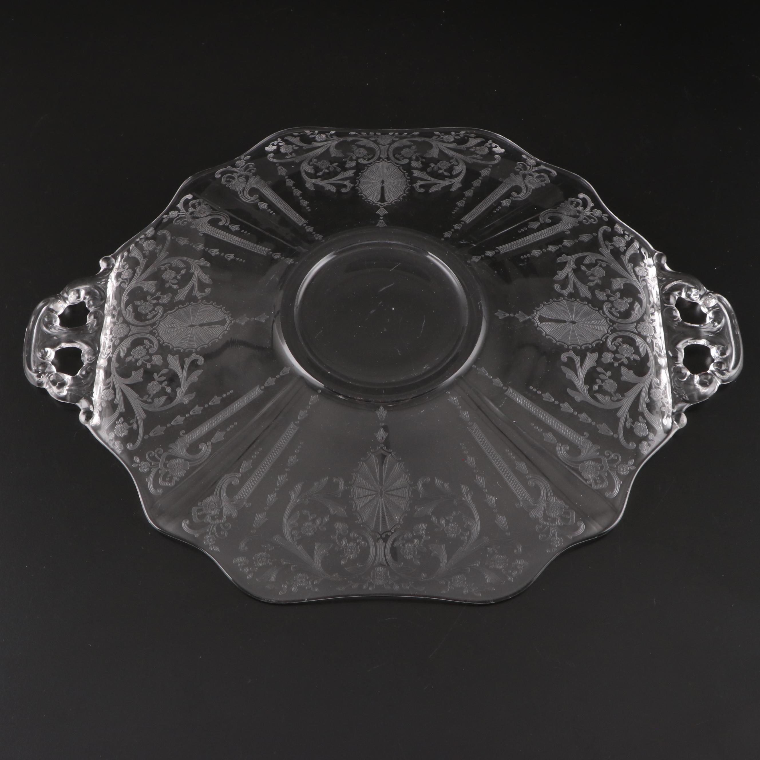 Cambridge Glass "Candlelight" Handled Plate and Bowl with Other Etched Bowl