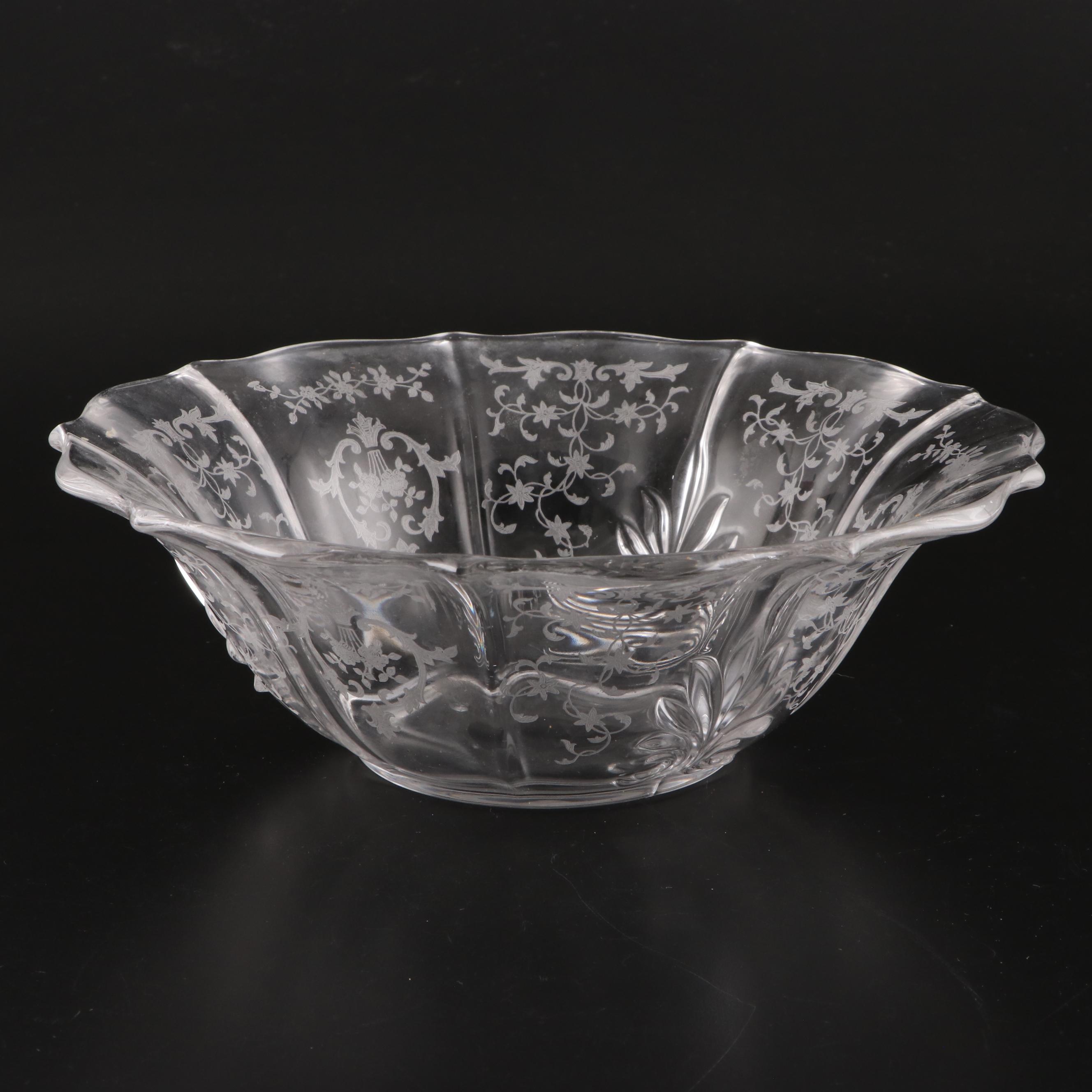 Cambridge Glass "Candlelight" Handled Plate and Bowl with Other Etched Bowl