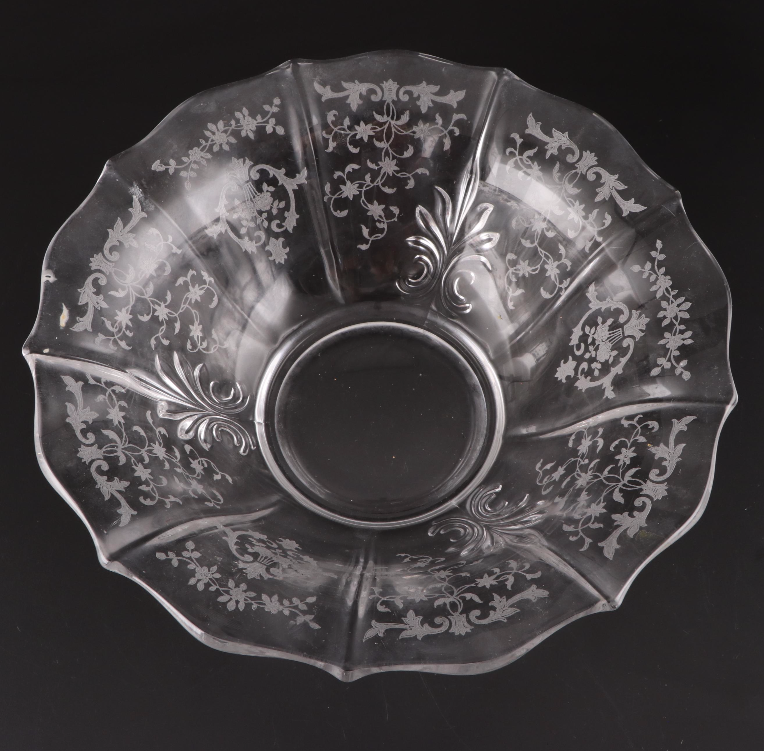 Cambridge Glass "Candlelight" Handled Plate and Bowl with Other Etched Bowl