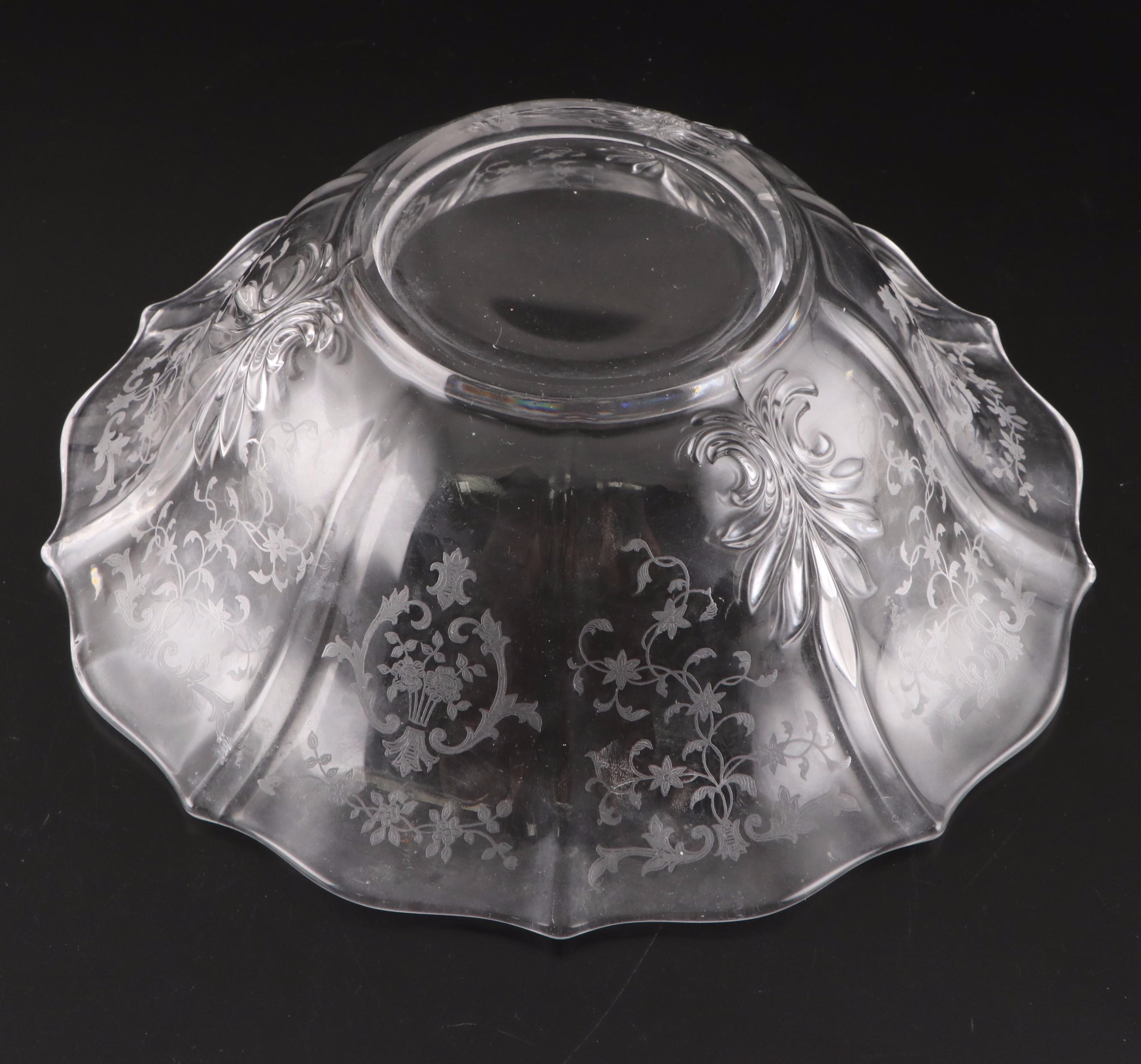 Cambridge Glass "Candlelight" Handled Plate and Bowl with Other Etched Bowl