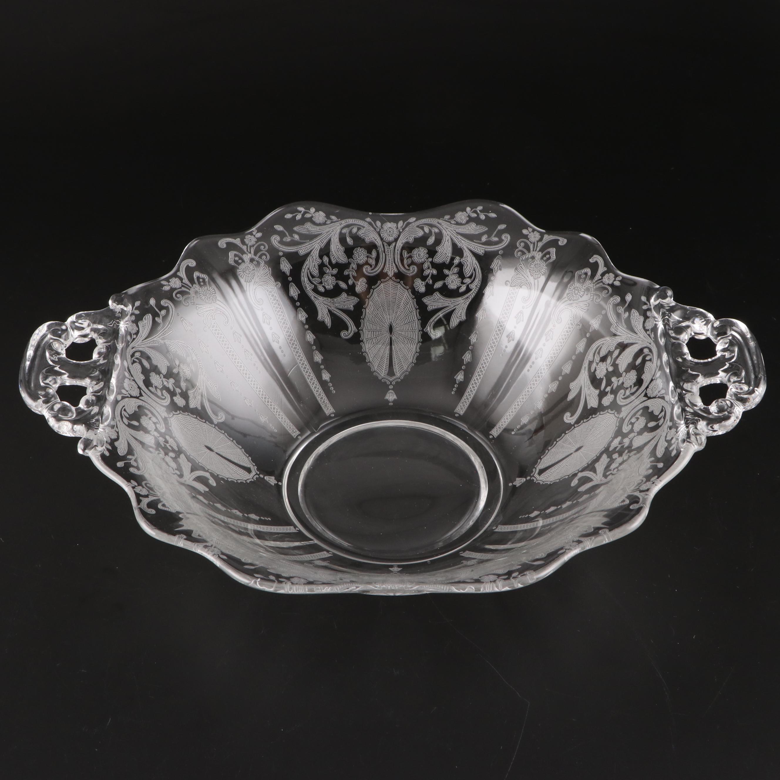 Cambridge Glass "Candlelight" Handled Plate and Bowl with Other Etched Bowl
