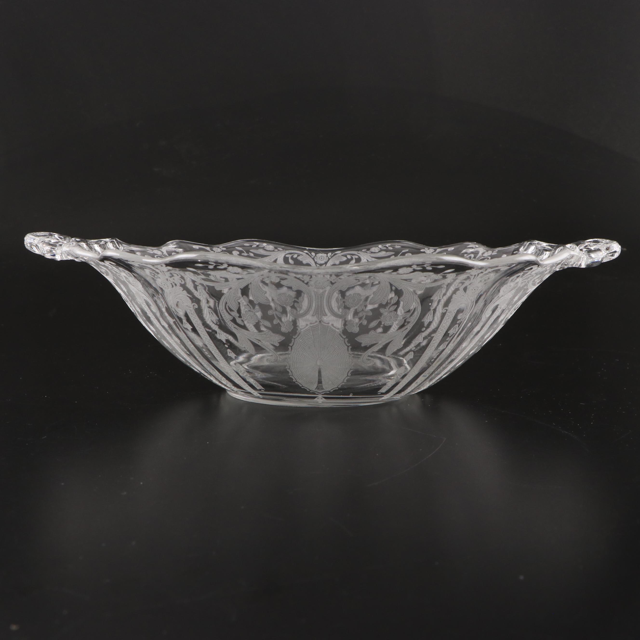 Cambridge Glass "Candlelight" Handled Plate and Bowl with Other Etched Bowl