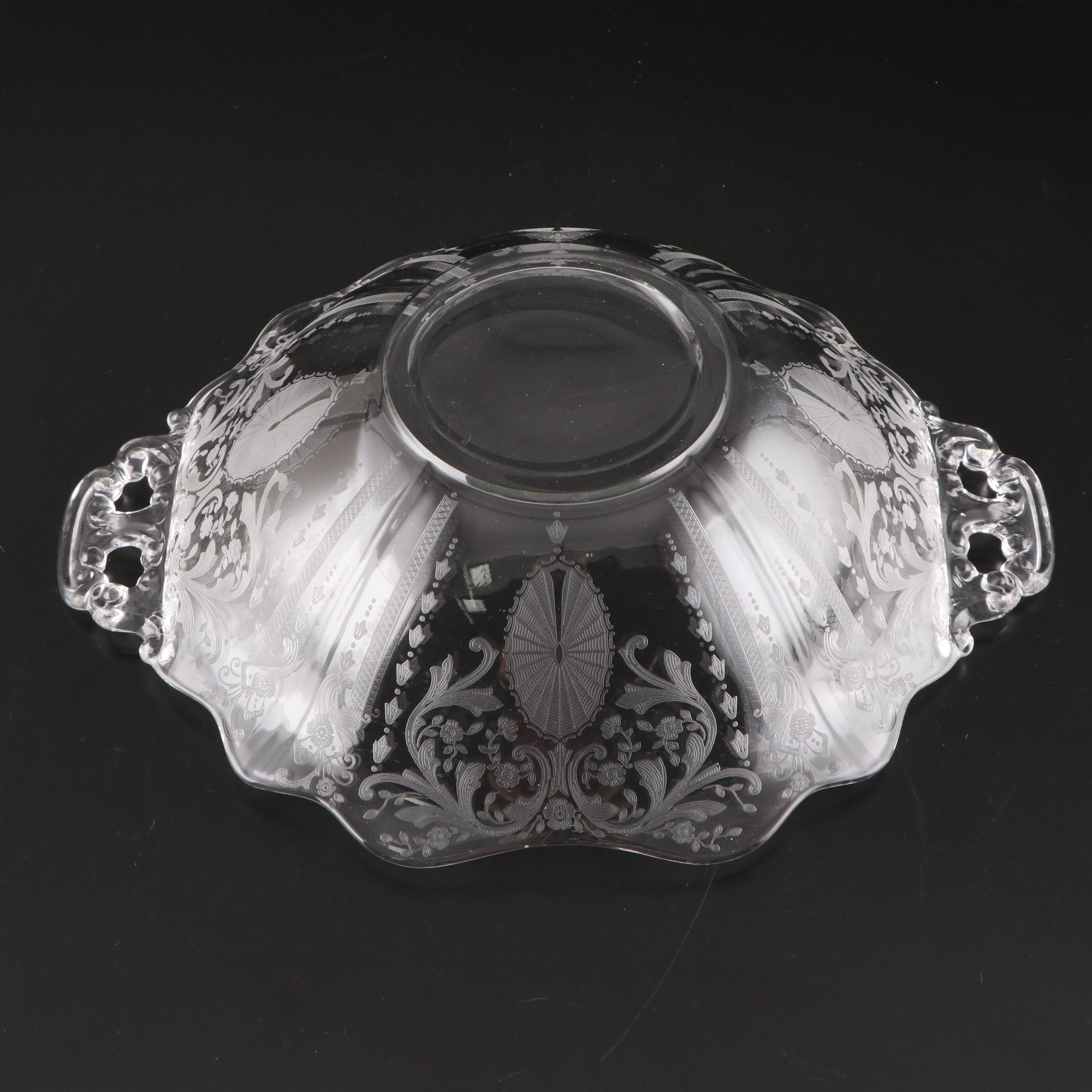 Cambridge Glass "Candlelight" Handled Plate and Bowl with Other Etched Bowl