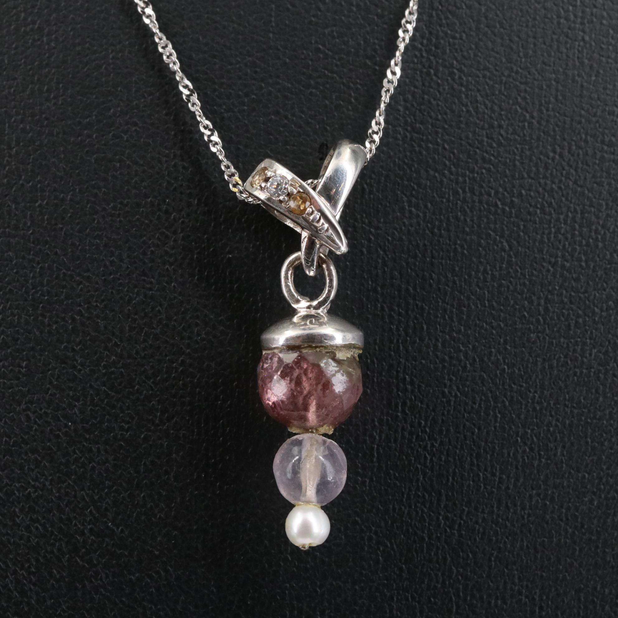 Sterling Amethyst, Rose Quartz, Citrine, and Additional Gems Pendant Necklace