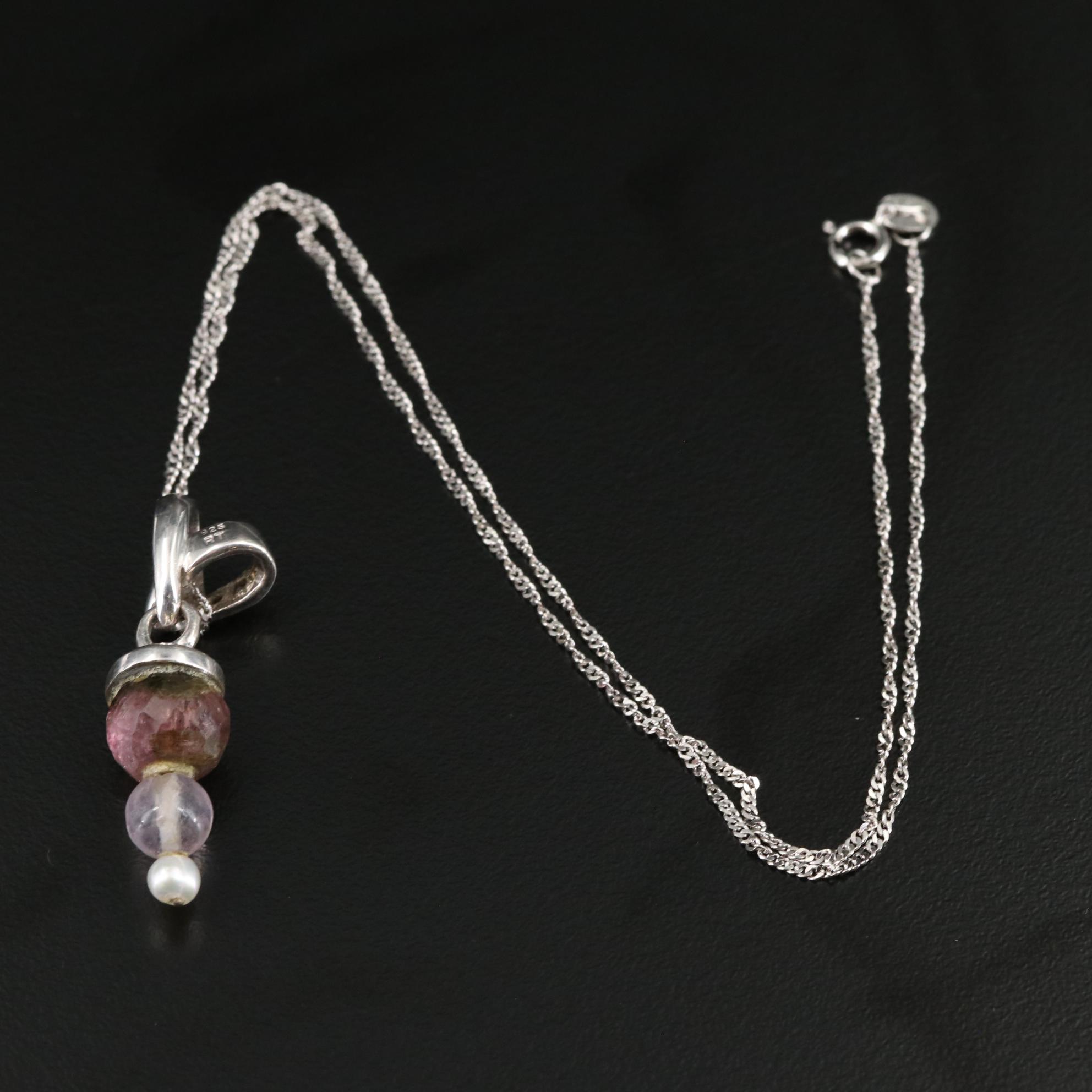 Sterling Amethyst, Rose Quartz, Citrine, and Additional Gems Pendant Necklace