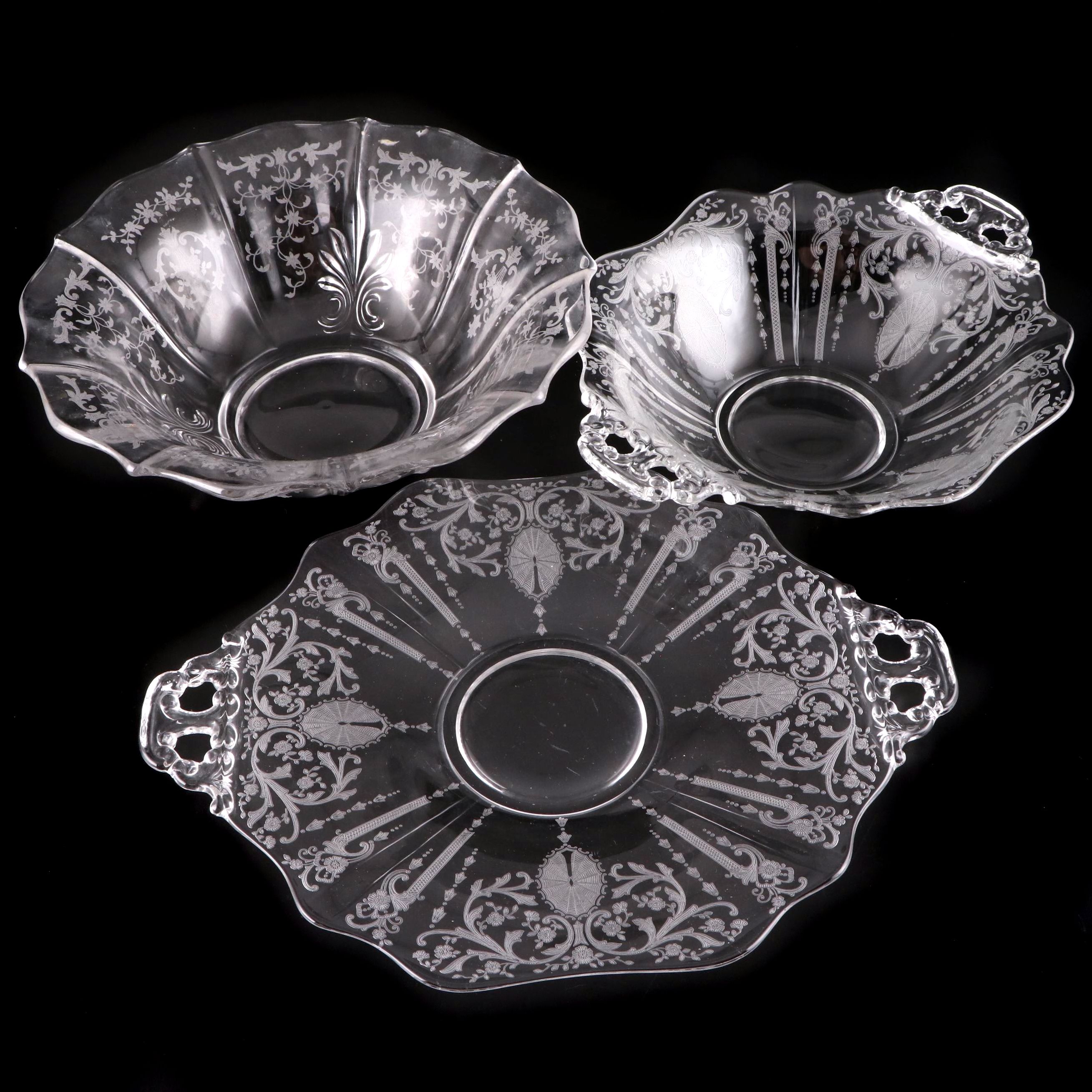 Cambridge Glass "Candlelight" Handled Plate and Bowl with Other Etched Bowl