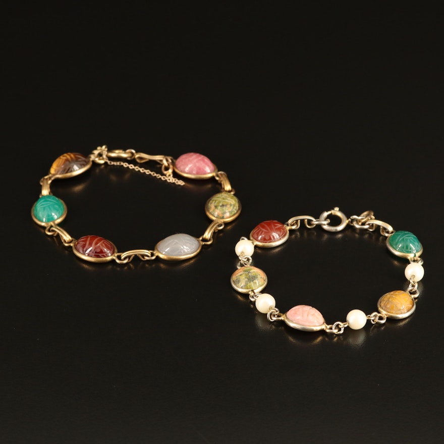 Unakite, Tiger's Eye and Chalcedony Featured in Gold-Filled Scarab Bracelets