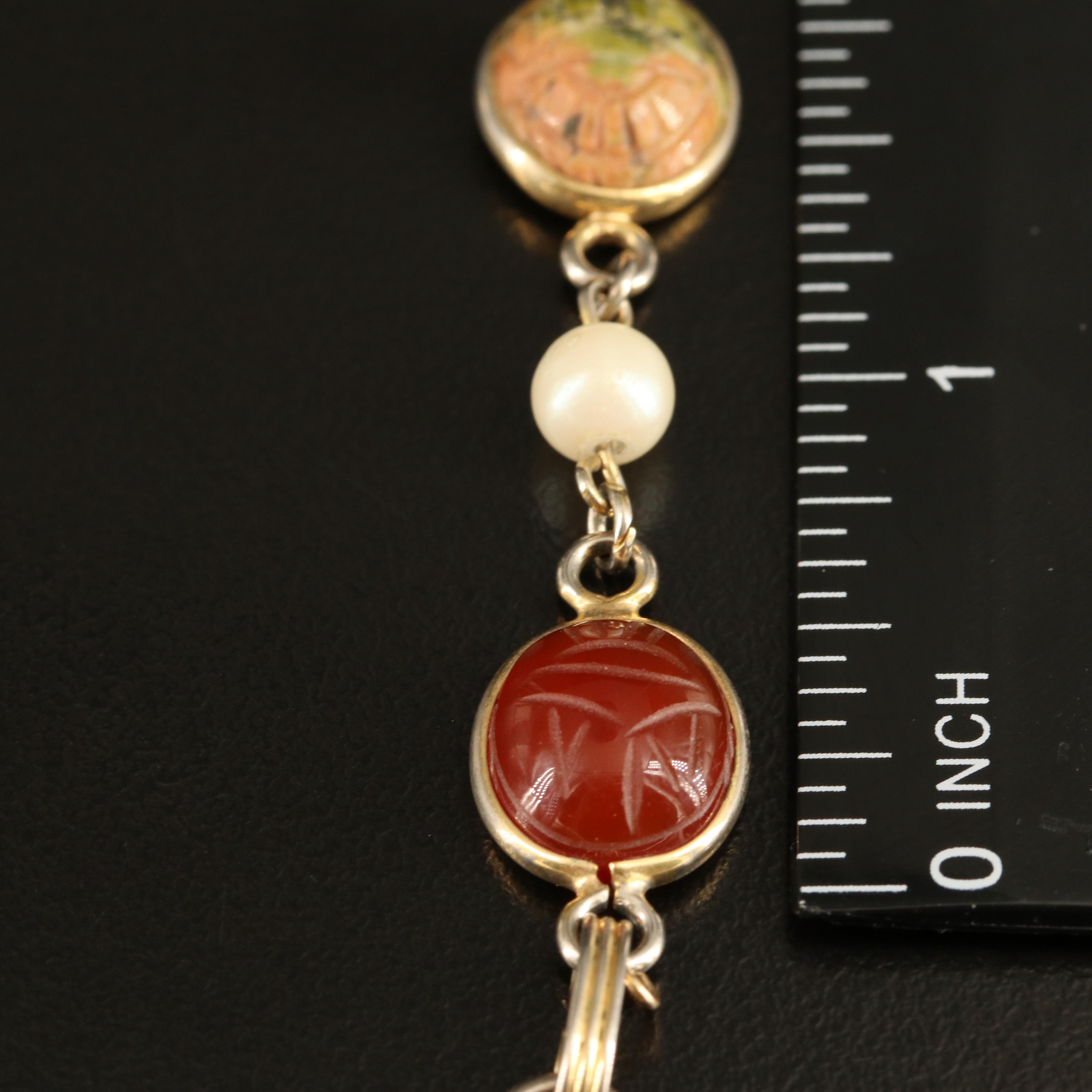 Unakite, Tiger's Eye and Chalcedony Featured in Gold-Filled Scarab Bracelets
