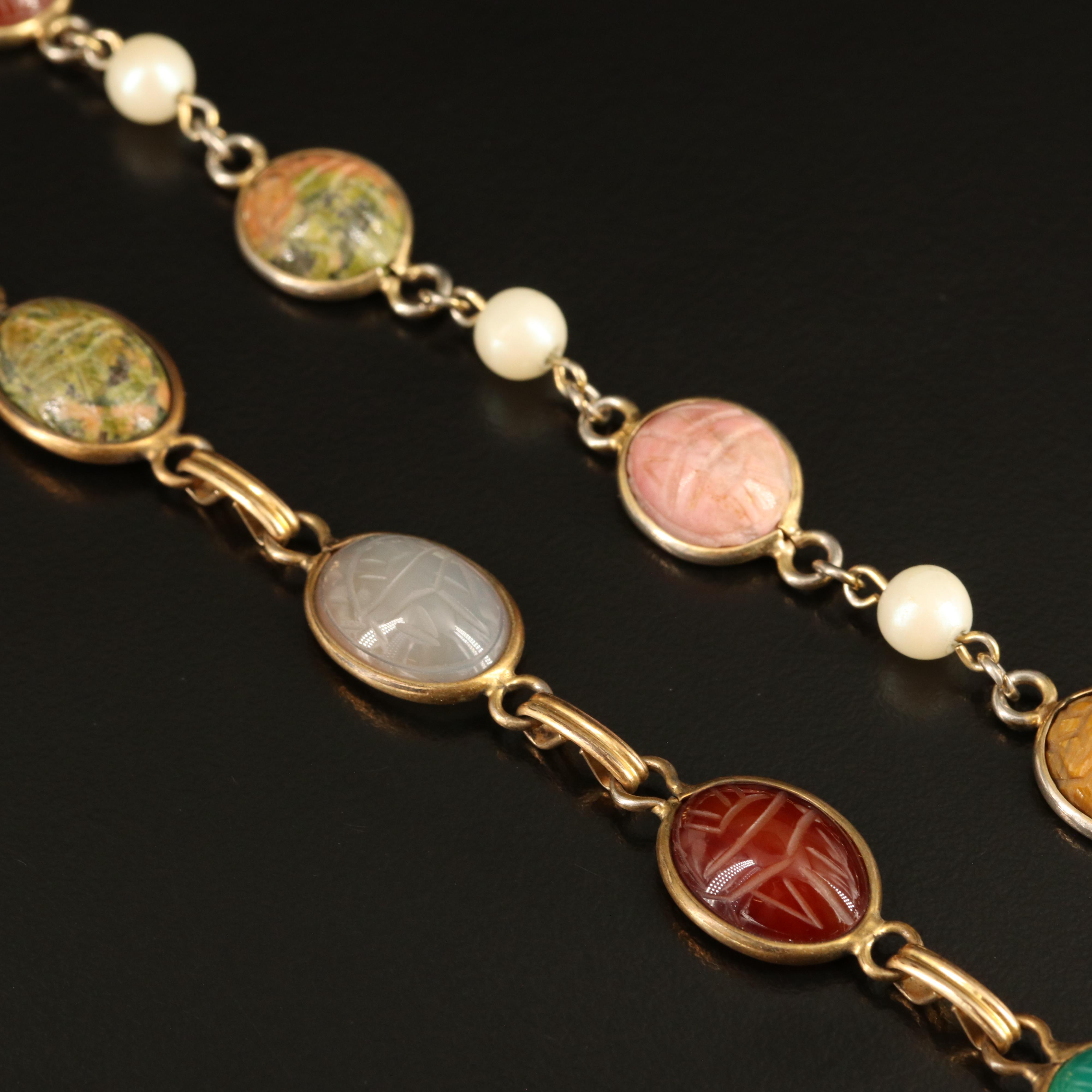 Unakite, Tiger's Eye and Chalcedony Featured in Gold-Filled Scarab Bracelets