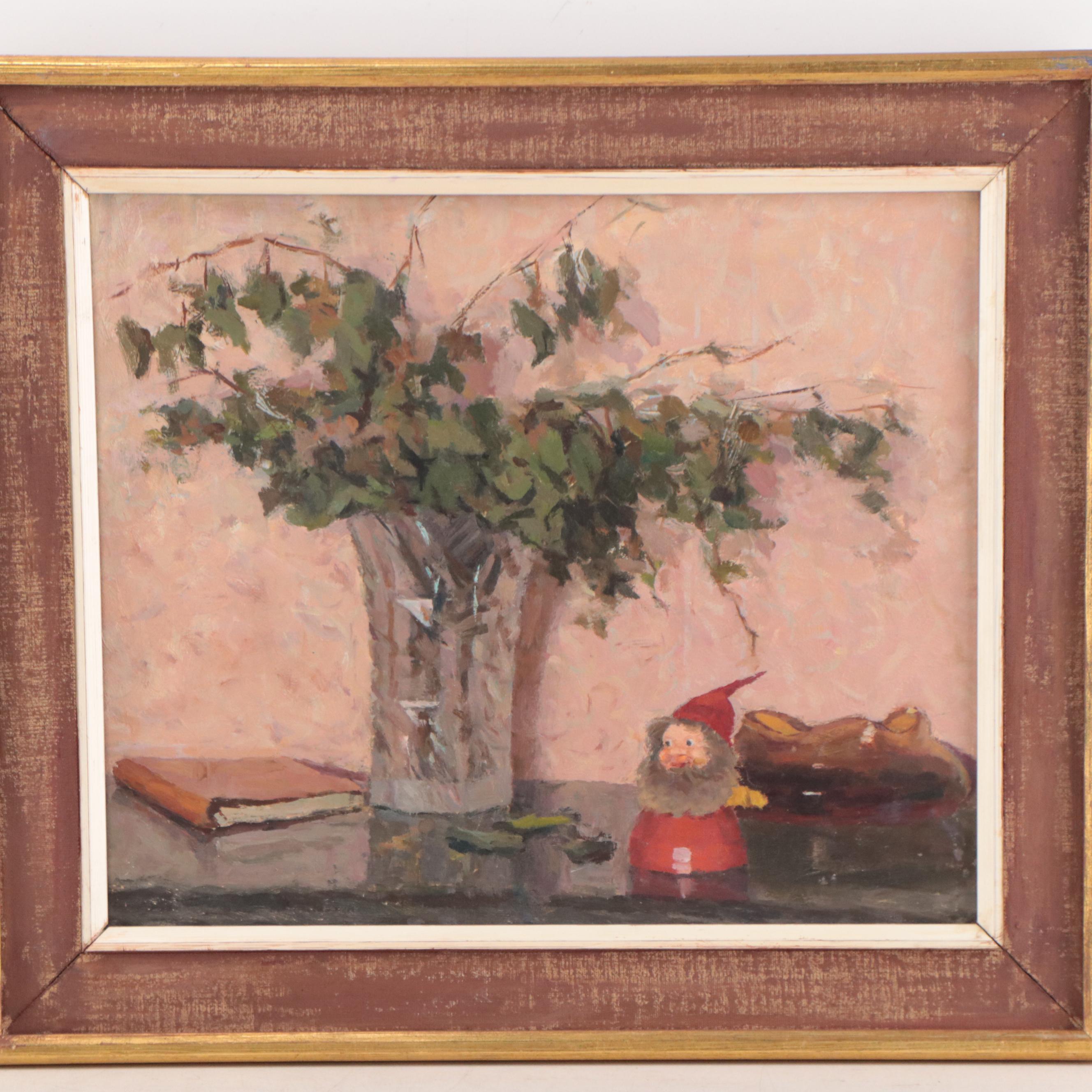 Still Life Oil Painting of Botanicals, Book and Gnome, Mid to Late 20th Century