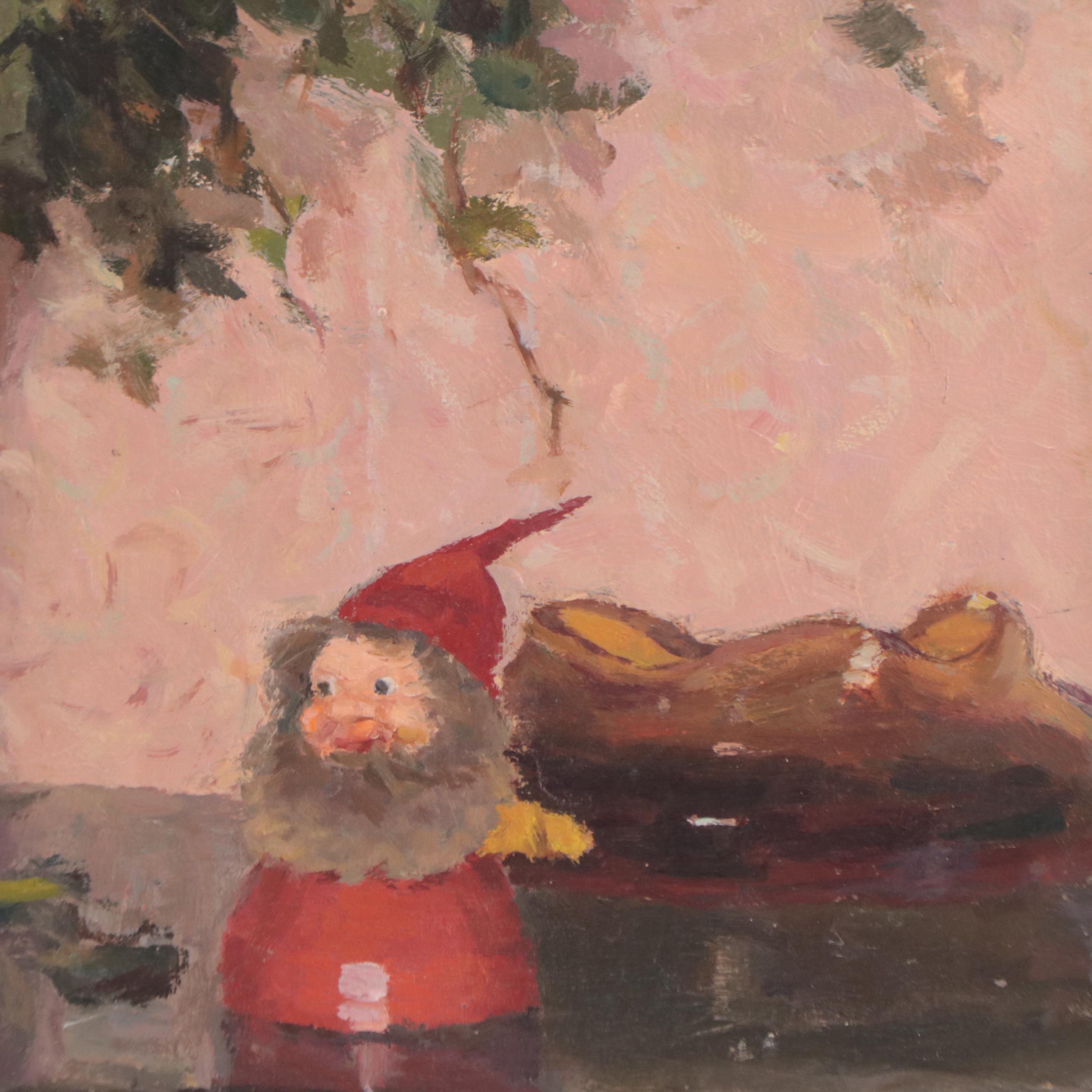 Still Life Oil Painting of Botanicals, Book and Gnome, Mid to Late 20th Century