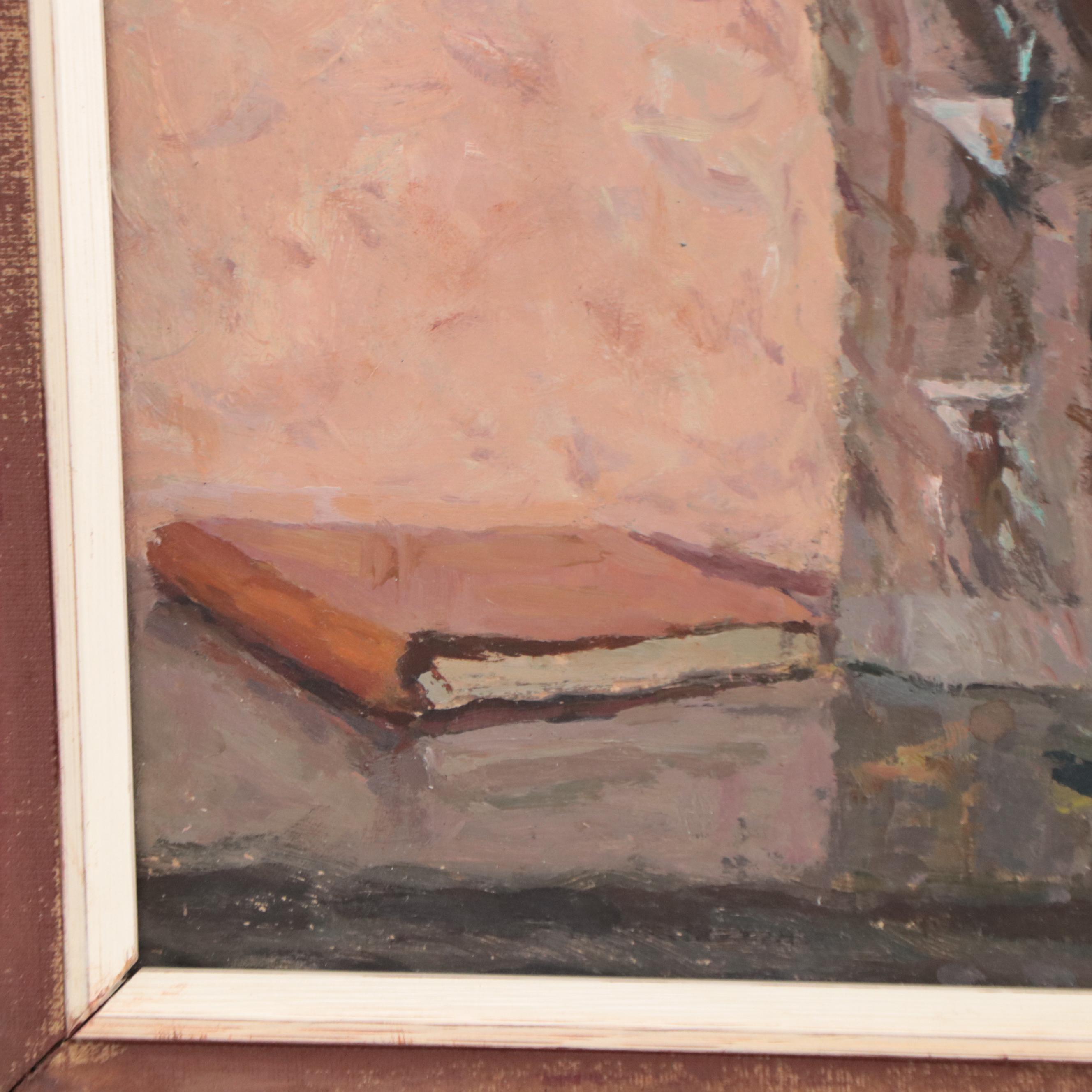 Still Life Oil Painting of Botanicals, Book and Gnome, Mid to Late 20th Century