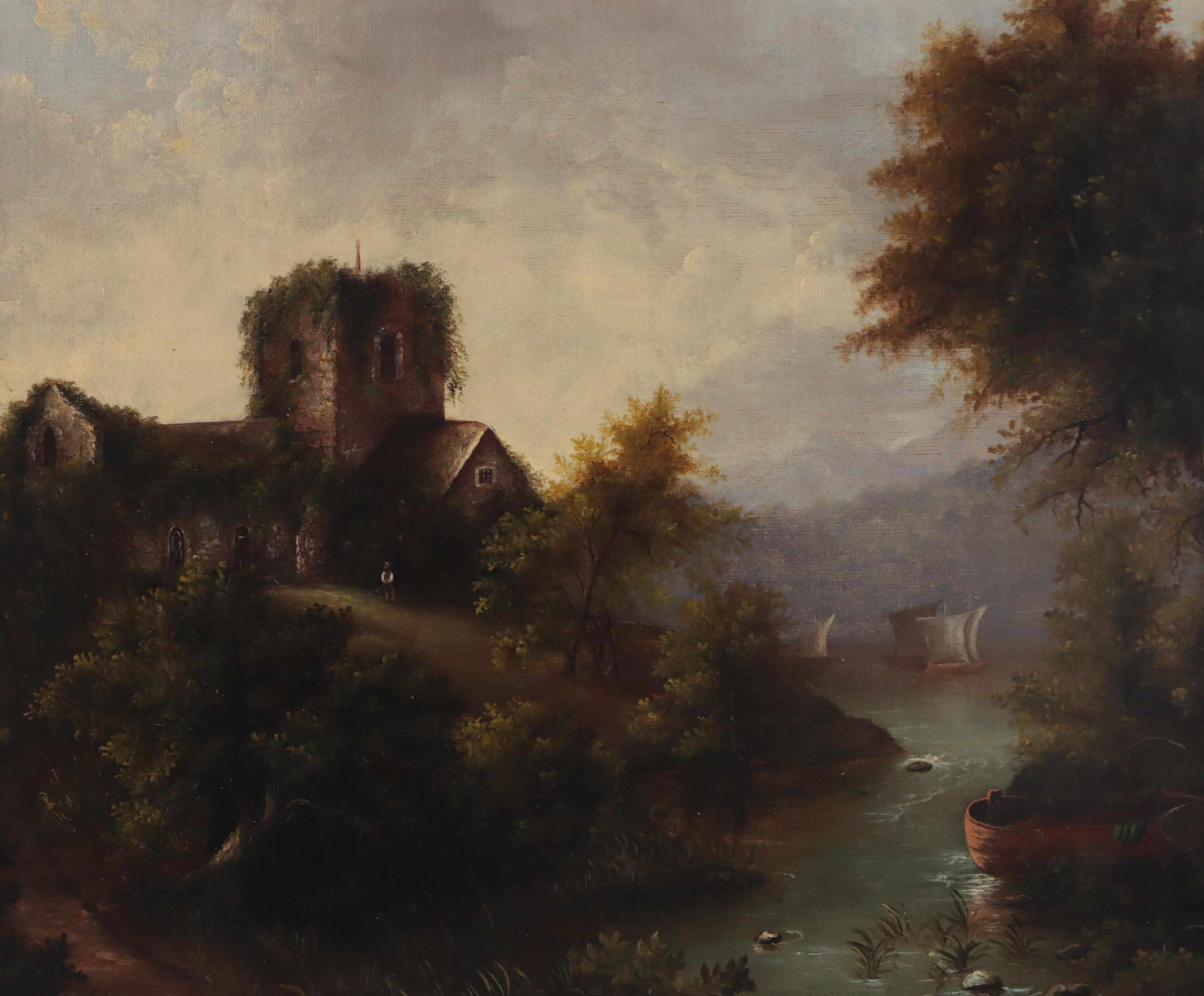 Landscape Oil Painting of Riverside Cottage, 19th Century