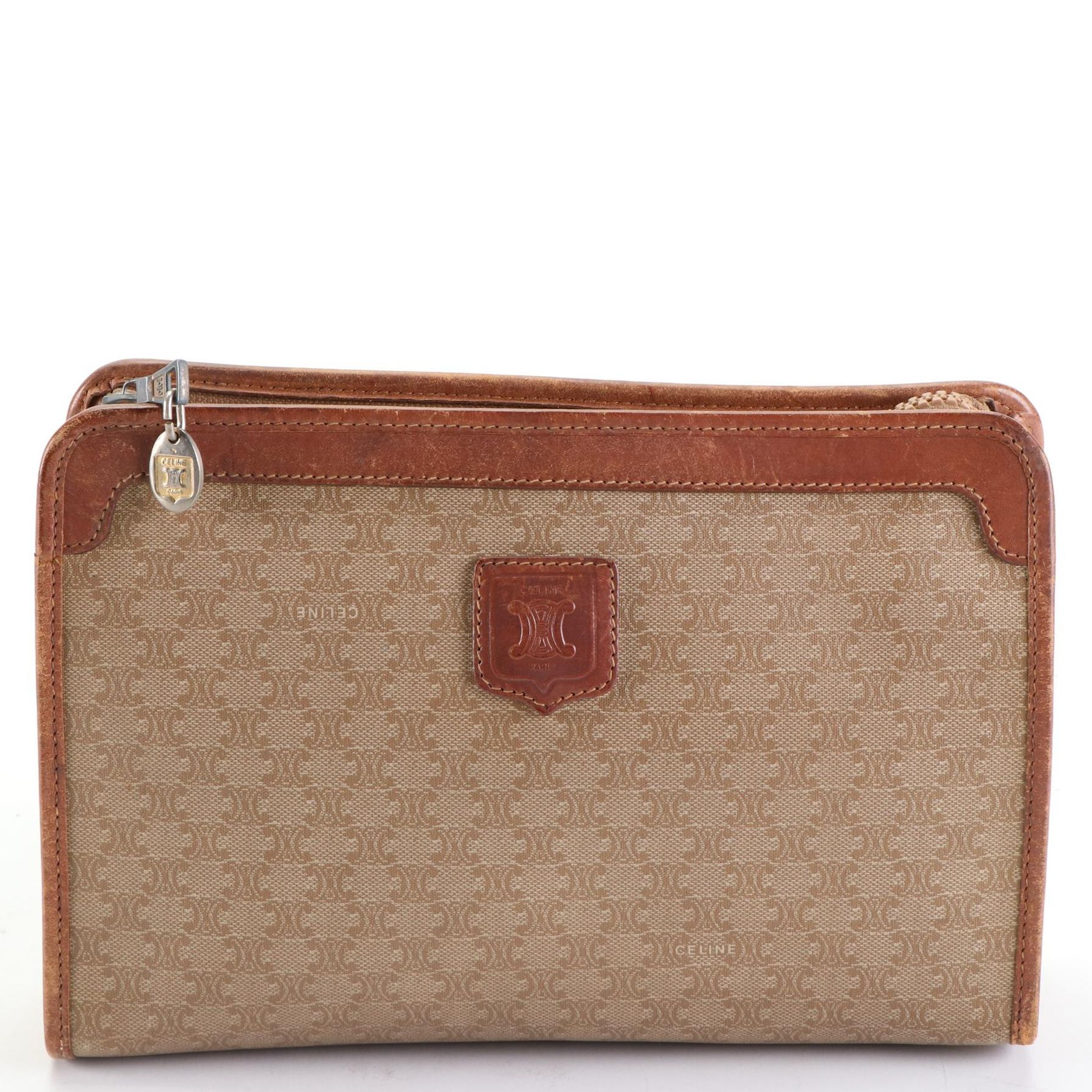 Celine Macadam Coated Canvas Pouch with Leather Trim