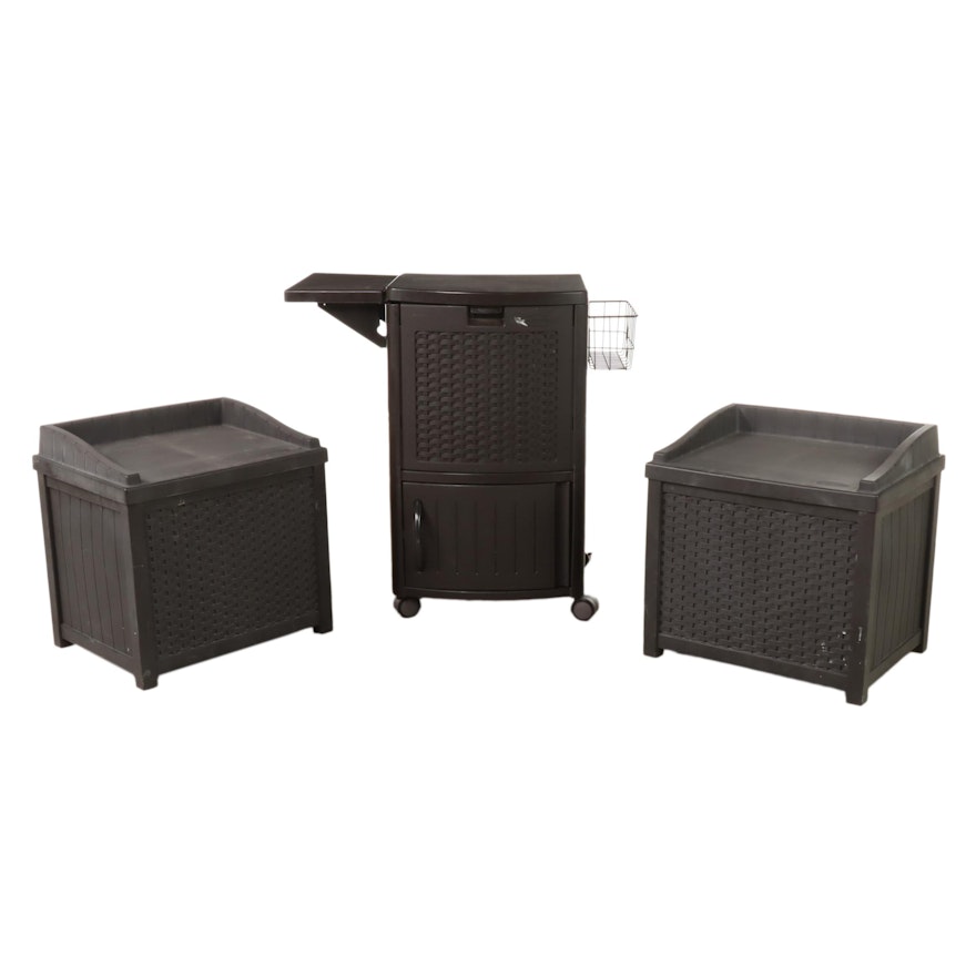 Two Suncast Resin Wicker Patio Storage Seats Plus Deck Cooler