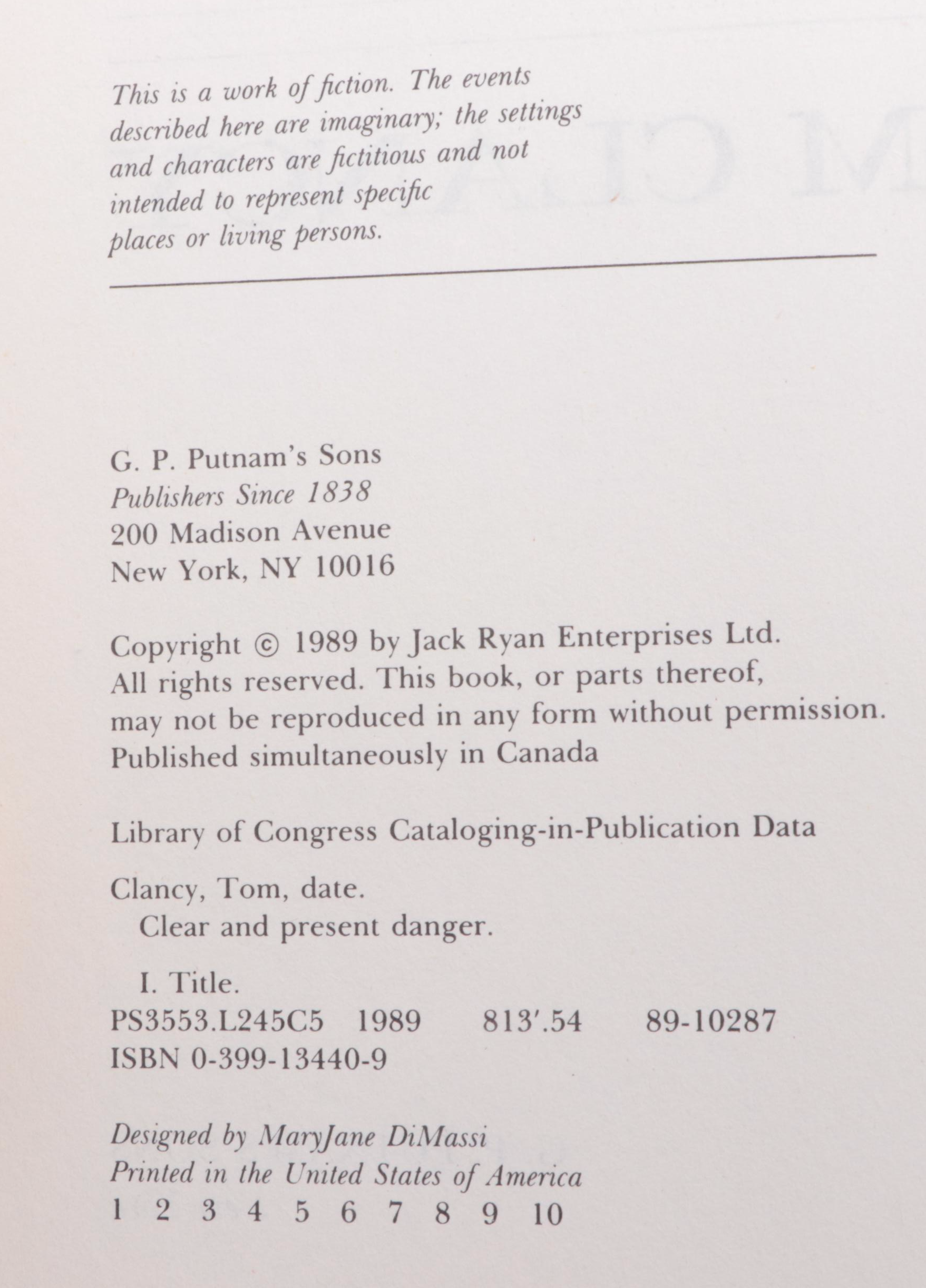 First Edition Tom Clancy Novels Including "Clear and Present Danger"