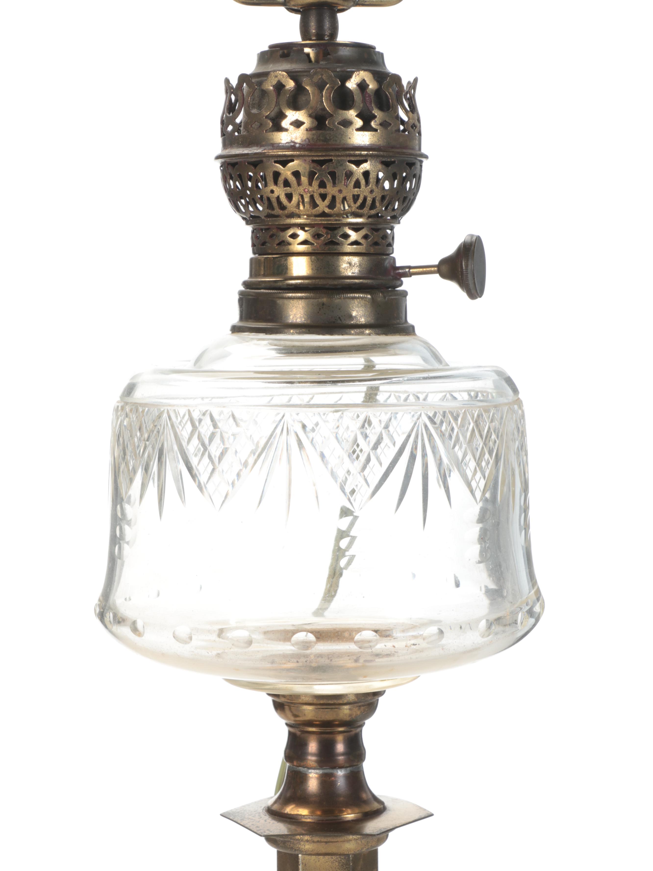 Duplex English and Other Glass and Brass Converted Oil Table Lamps