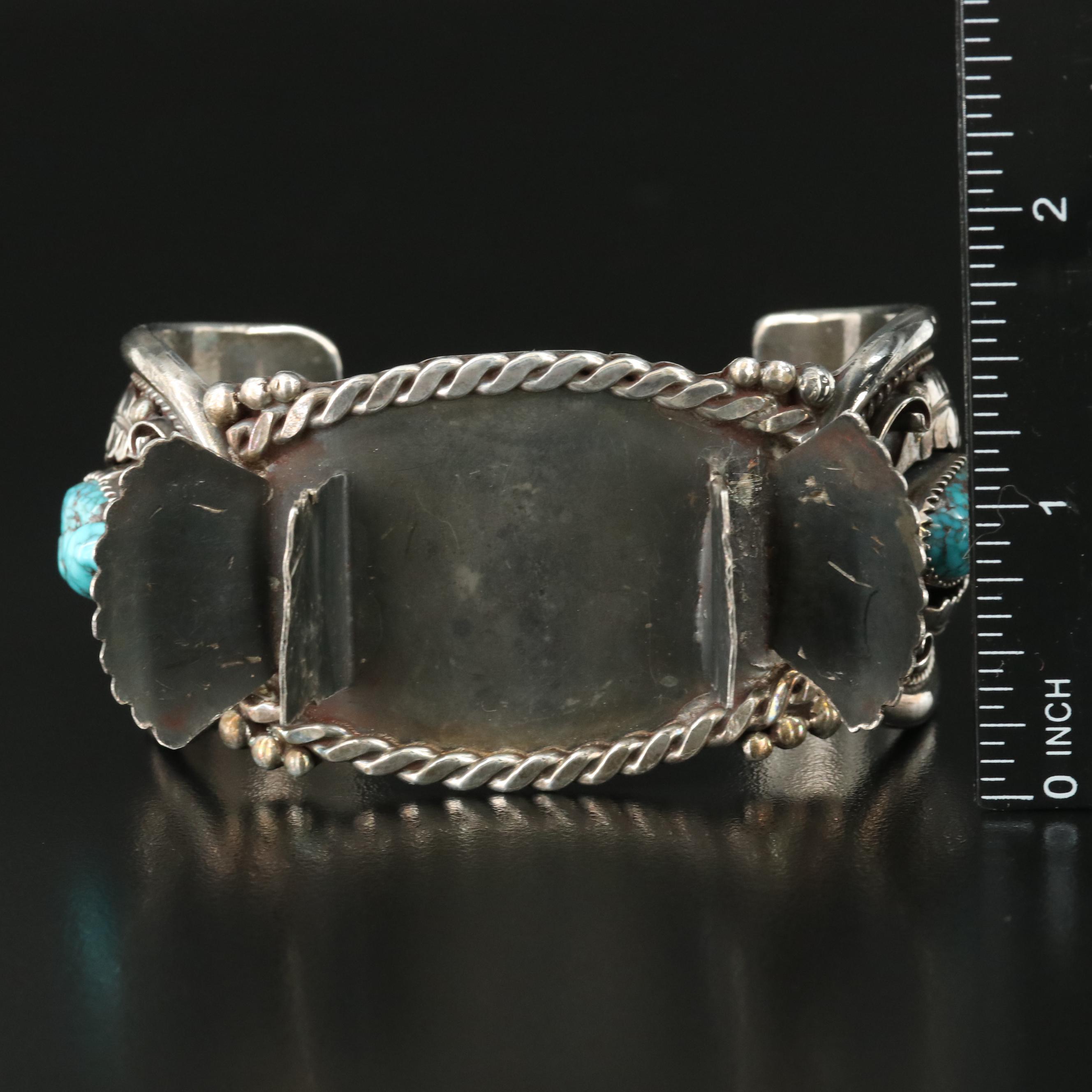 Signed Southwestern Sterling Turquoise and Coral Watch Cuff