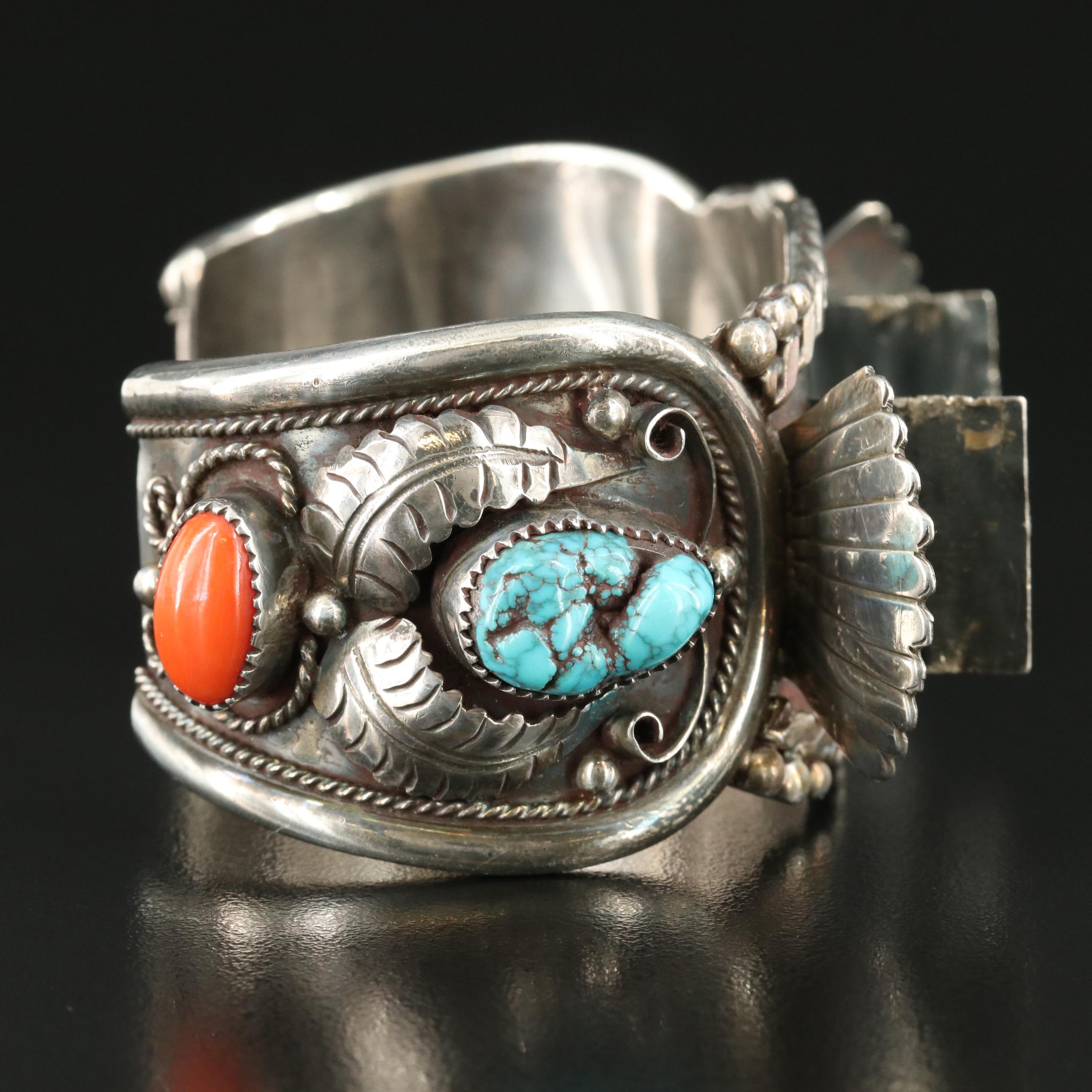 Signed Southwestern Sterling Turquoise and Coral Watch Cuff