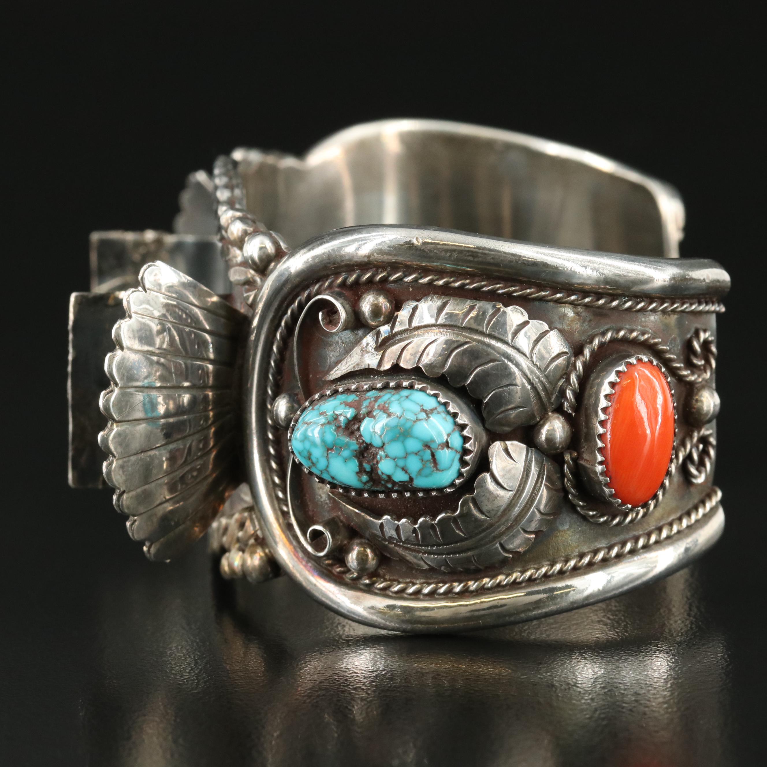 Signed Southwestern Sterling Turquoise and Coral Watch Cuff