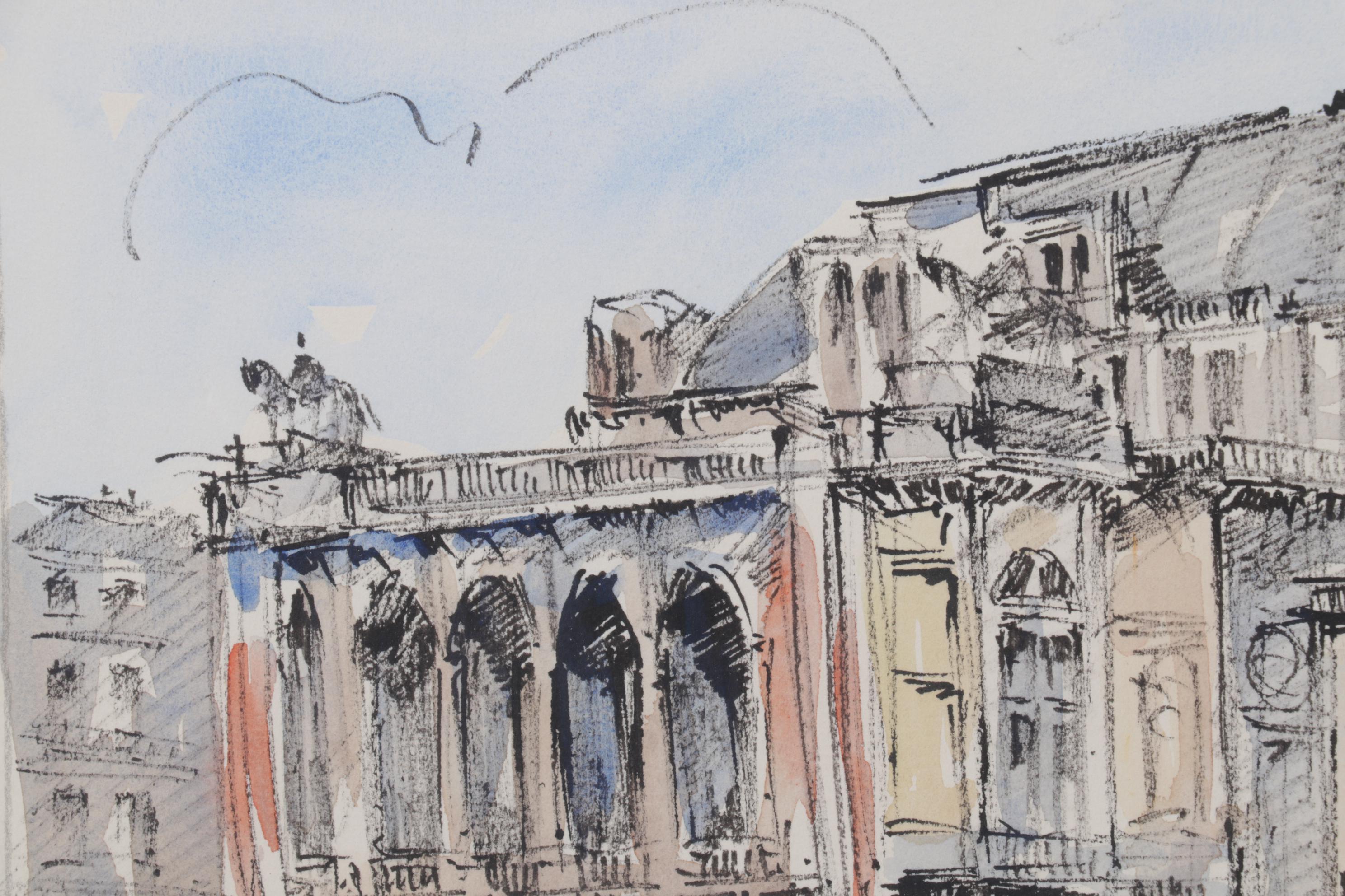 Viennese Cityscape Watercolor Painting "Oper, Wien," Late 20th Century