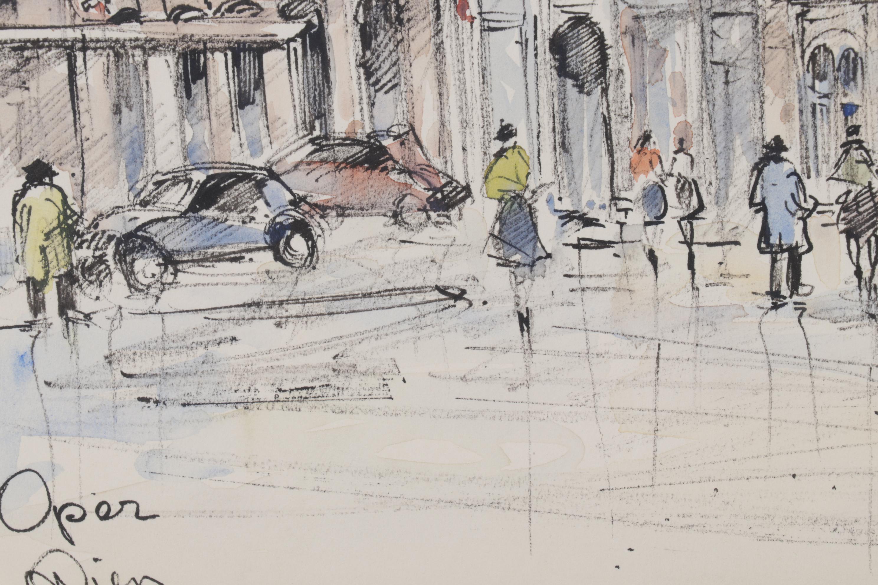 Viennese Cityscape Watercolor Painting "Oper, Wien," Late 20th Century