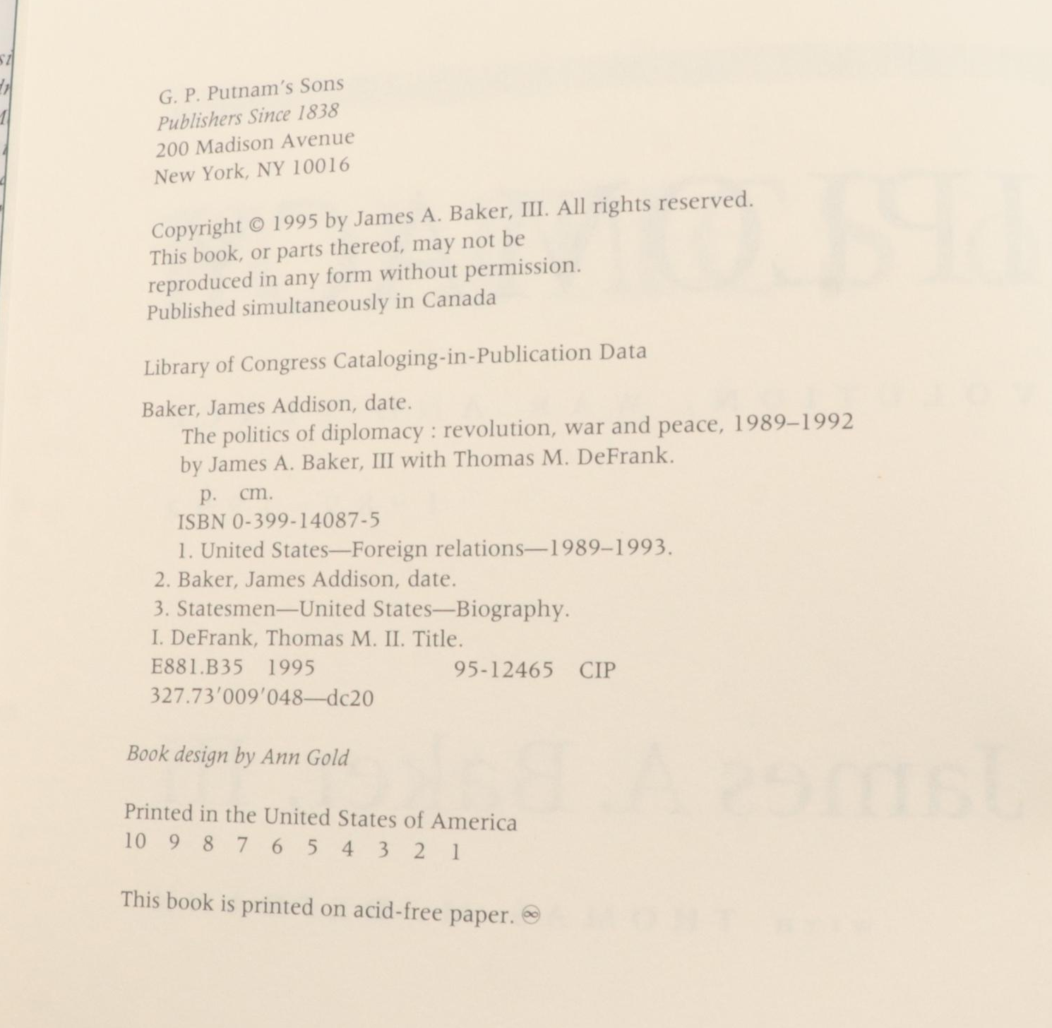 First Edition "The Politics of Diplomacy" by James A. Baker III and More