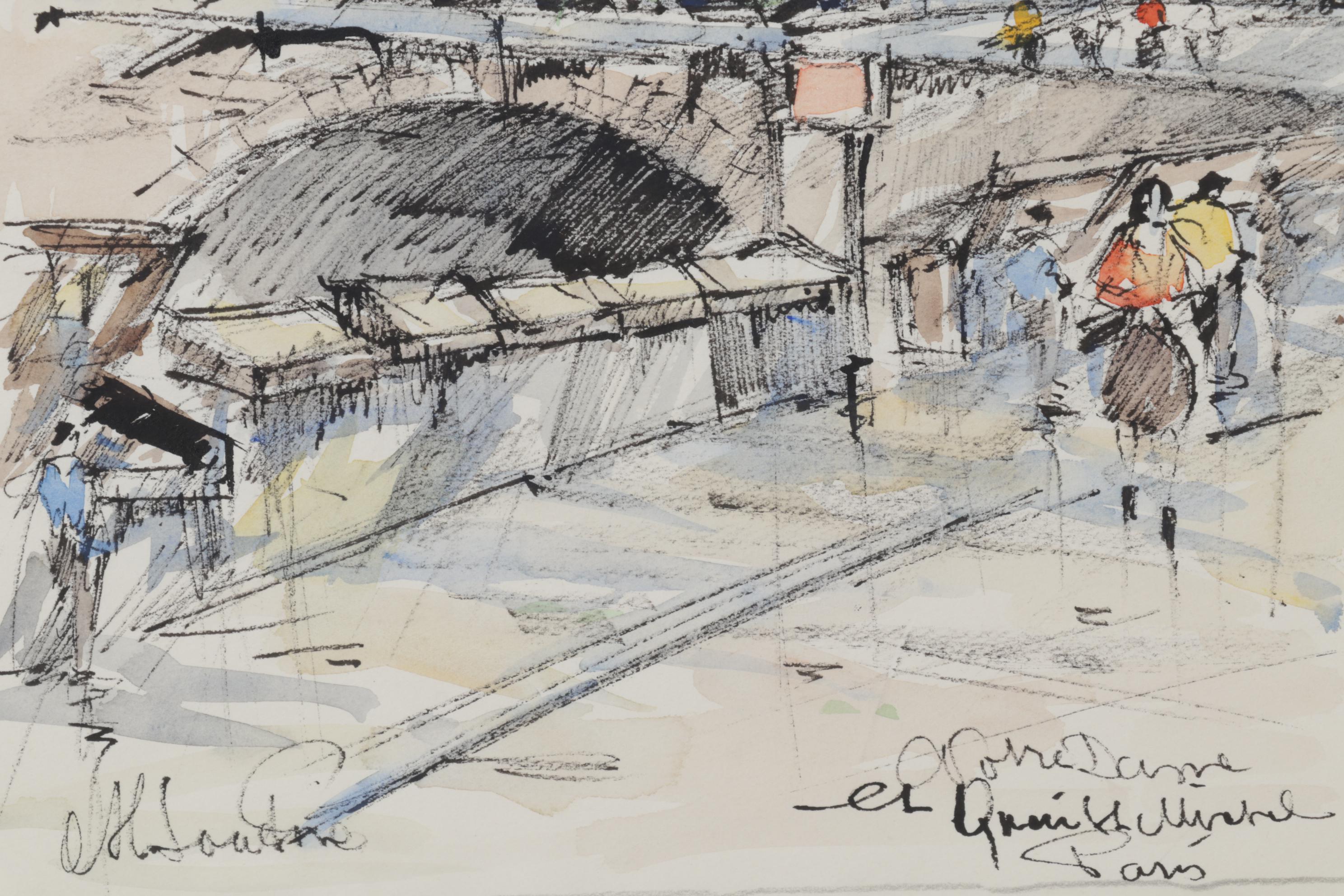 J. M. Lautrec Watercolor Painting "Notre Dame et Quai St. Michel, Paris"